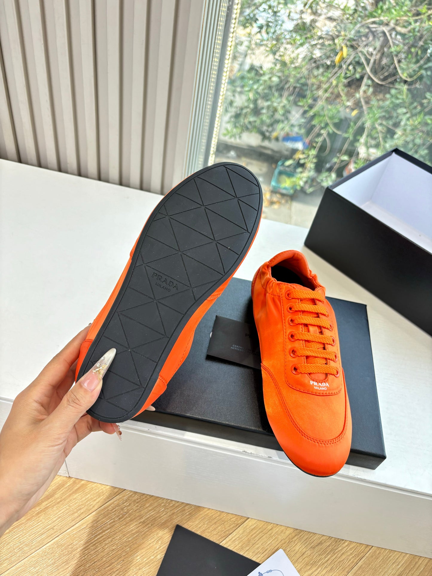 Prada 25s Sneaker In Orange Silk