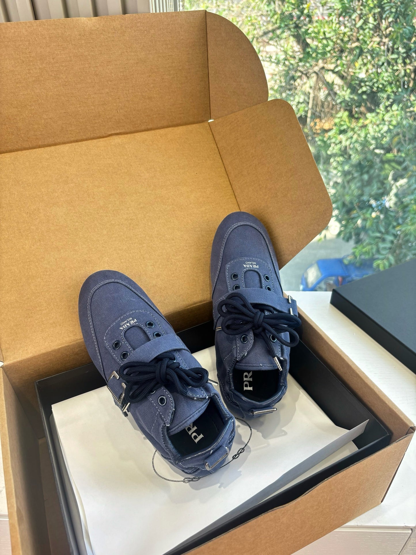 Prada Sneakers with Buckle and Strap Dark Blue Collapse Canvas 604167
