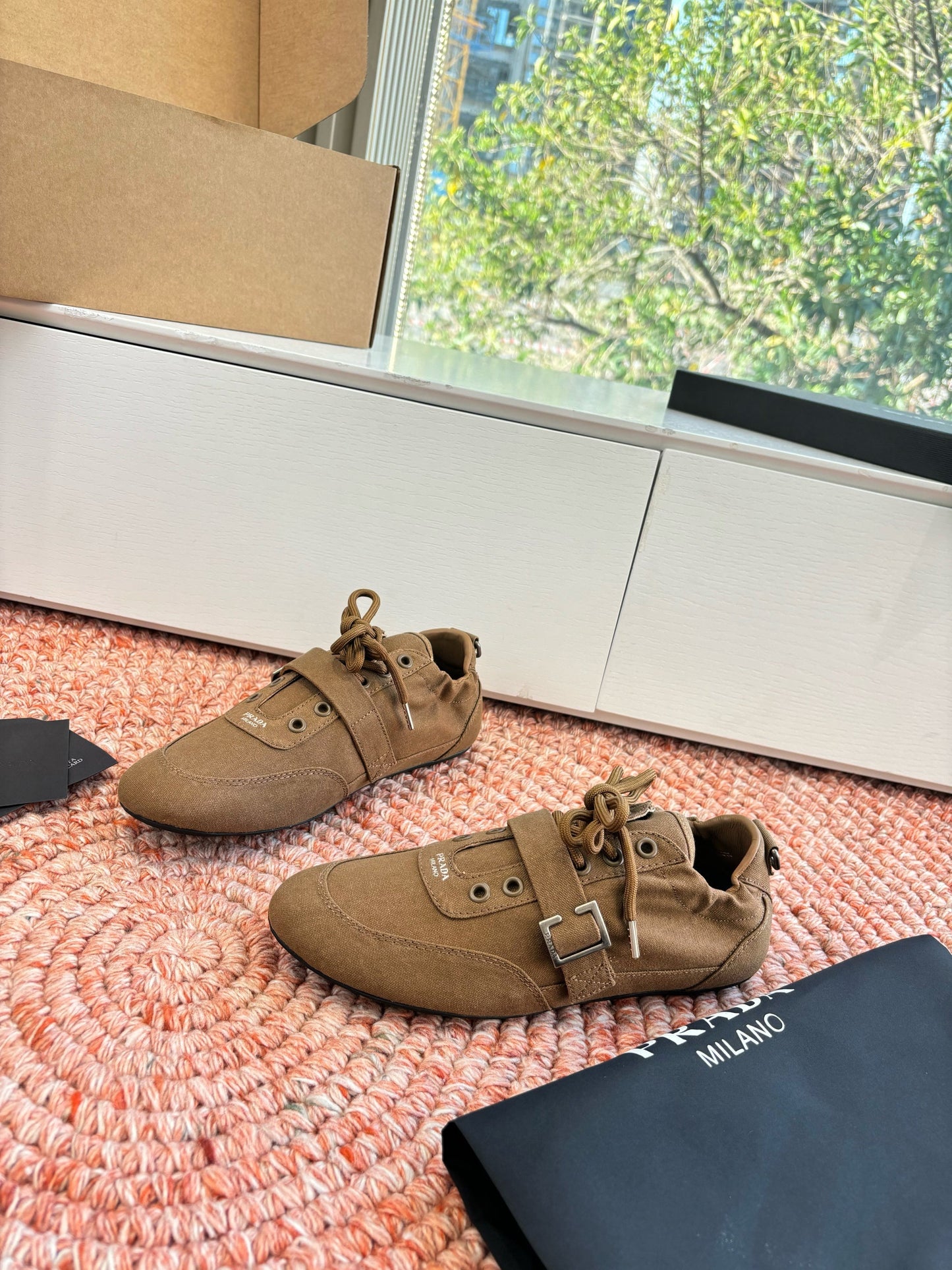 Prada Sneakers with Buckle and Strap Taupe Collapse Canvas 604166