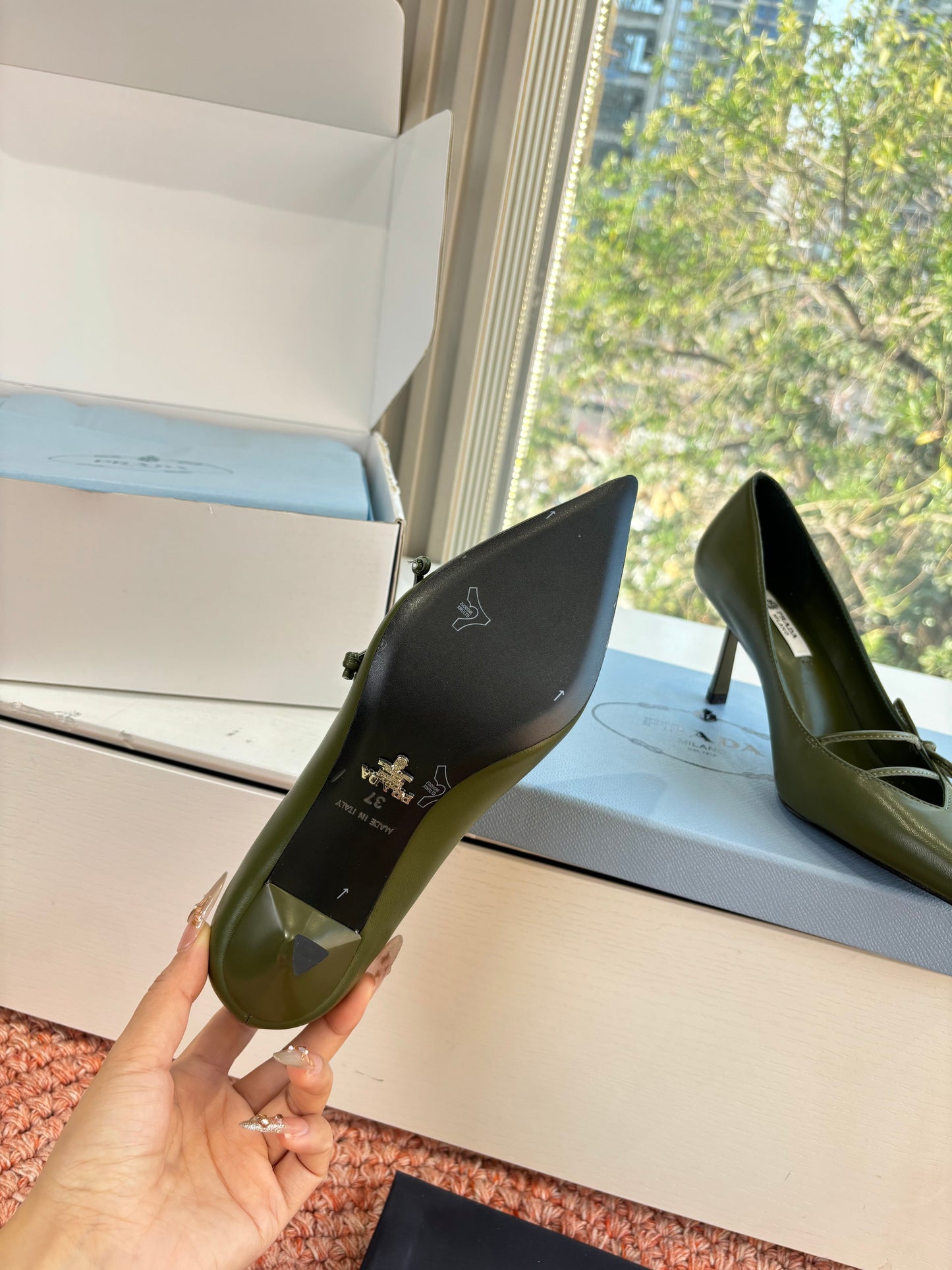 Prada G887 26s Slingback Olive Green Cowhide 604196