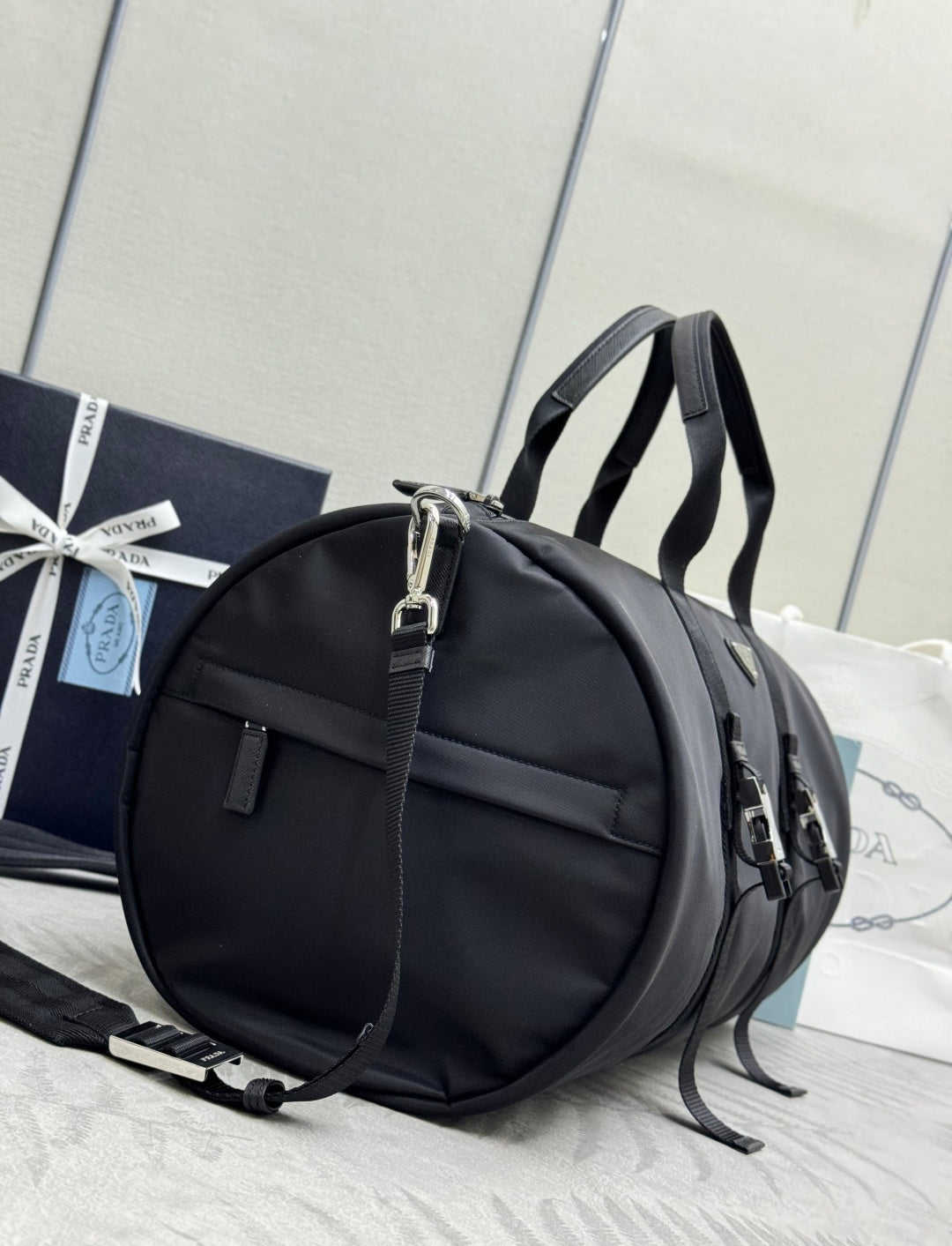 Pra Duffle Bag Black Re-Nylon Saffiano Leather