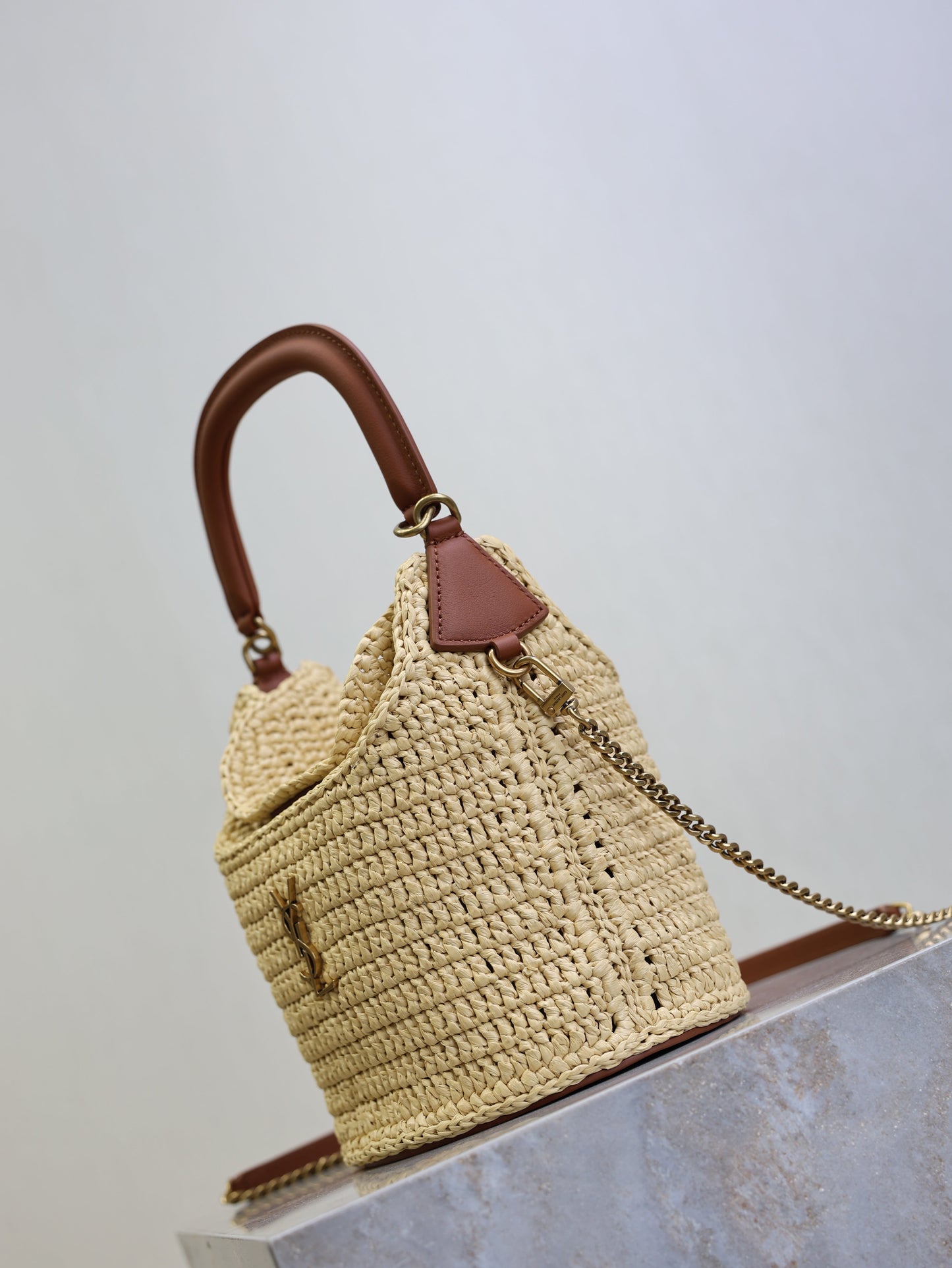 Prada GabyBucket 17cm Brown Beige Raffia Leather GHW
