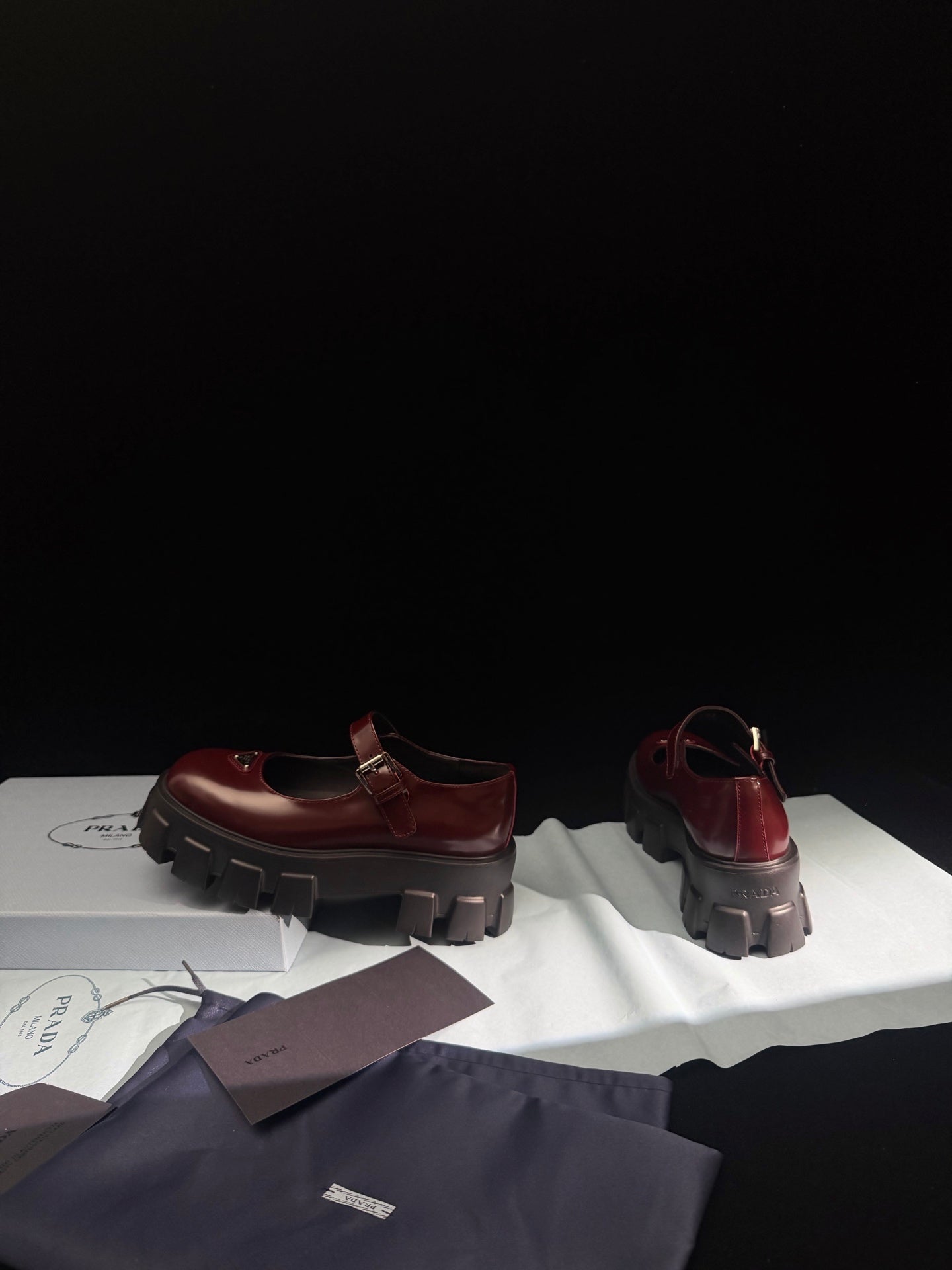 Prada Brushed Monolith Mary Janes Loafer Burgundy Leather 606061