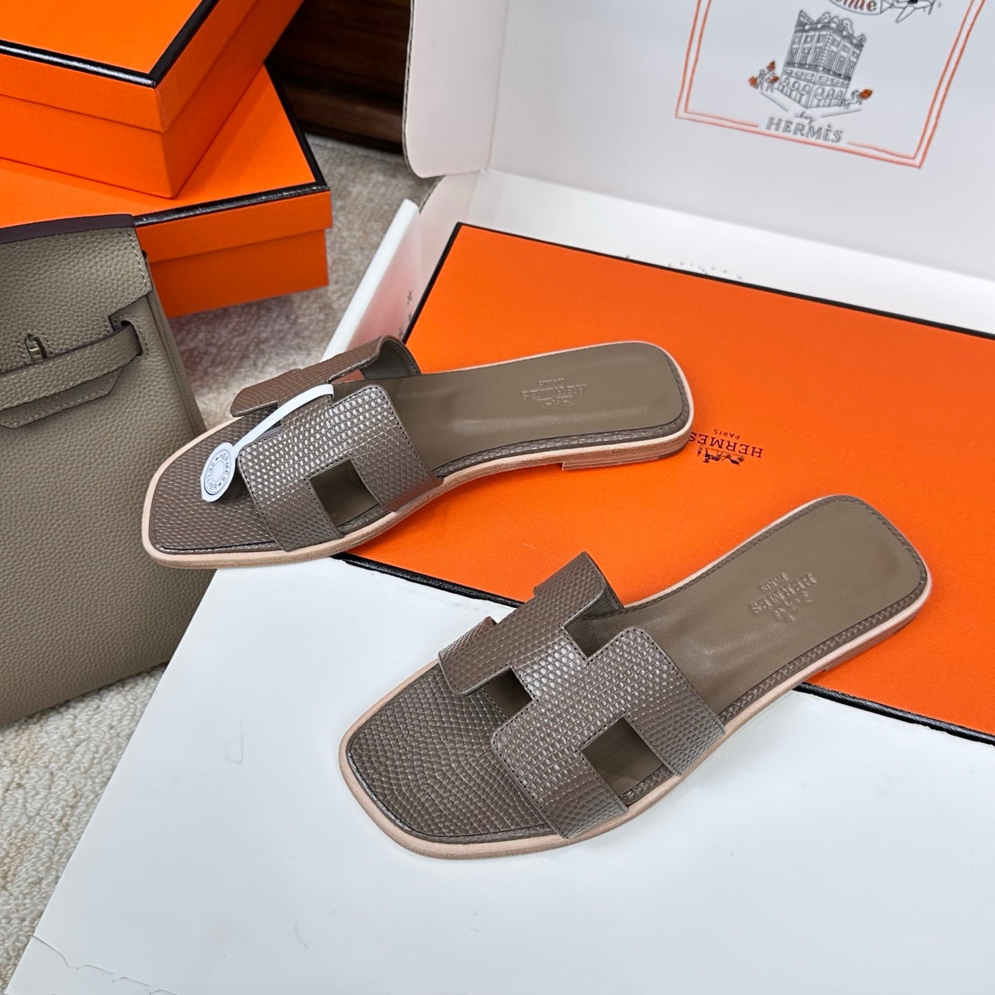 HM Oran Sandal Coffee Embossed Lizard Leather 802366