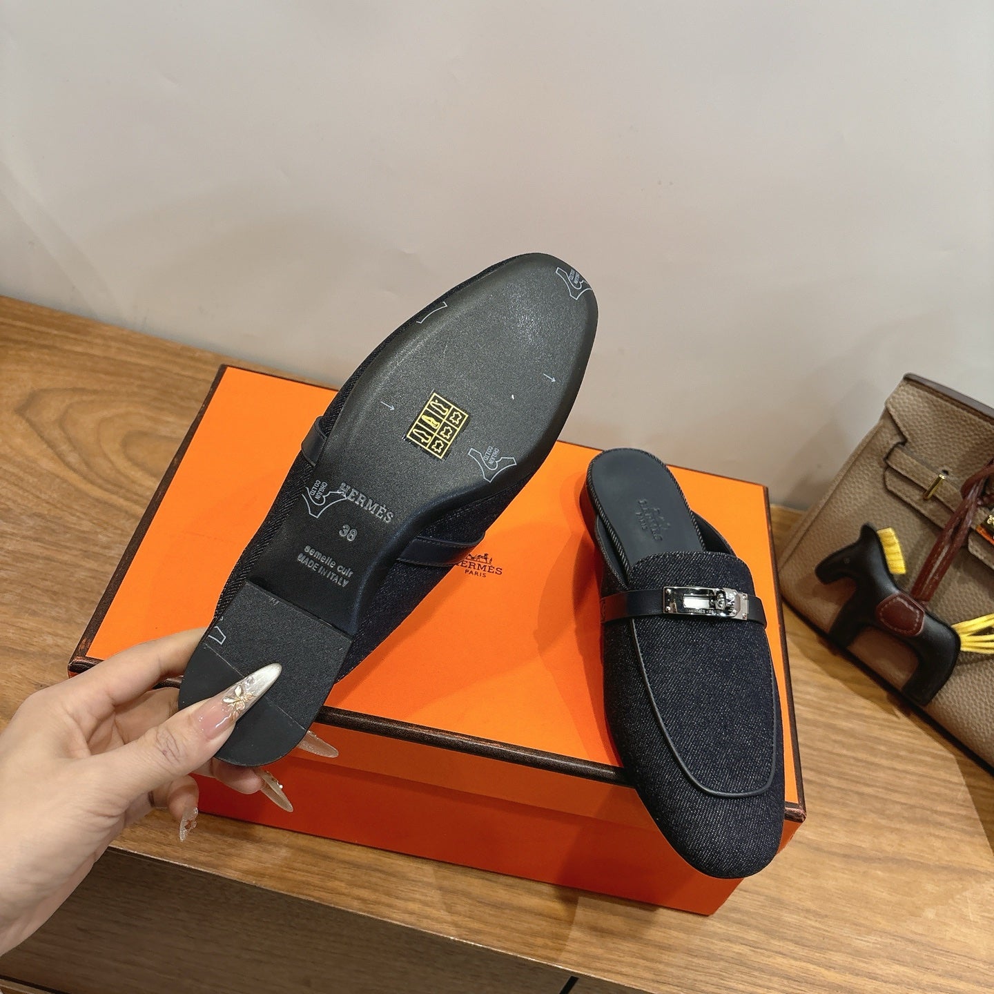 HM 26s Oz Mule In Black Denim Silver Hardware