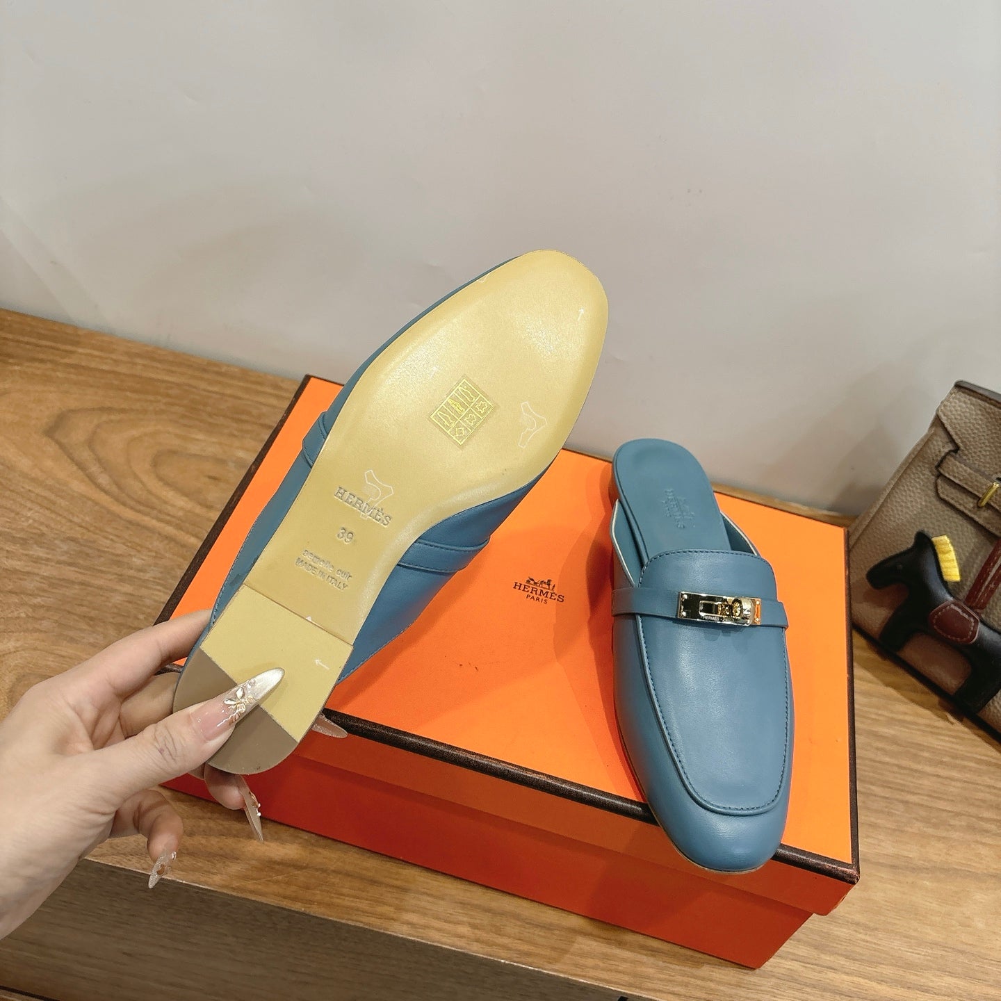 HM 26s Kelly Mule In Dusty Blue Calfskin Gold Hardware