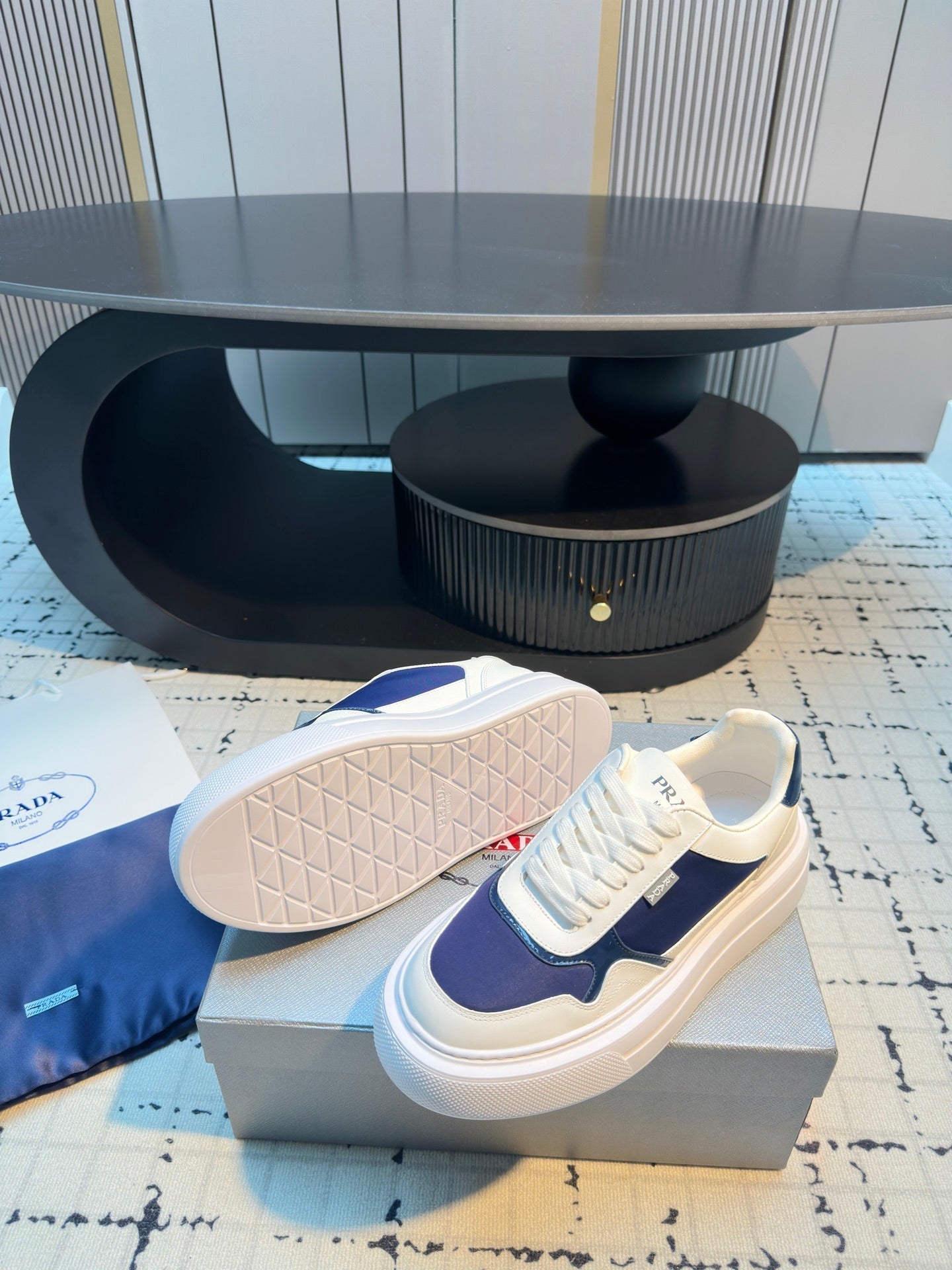 Prada 25s Platform Sneakers White Blue Cowhide 538420