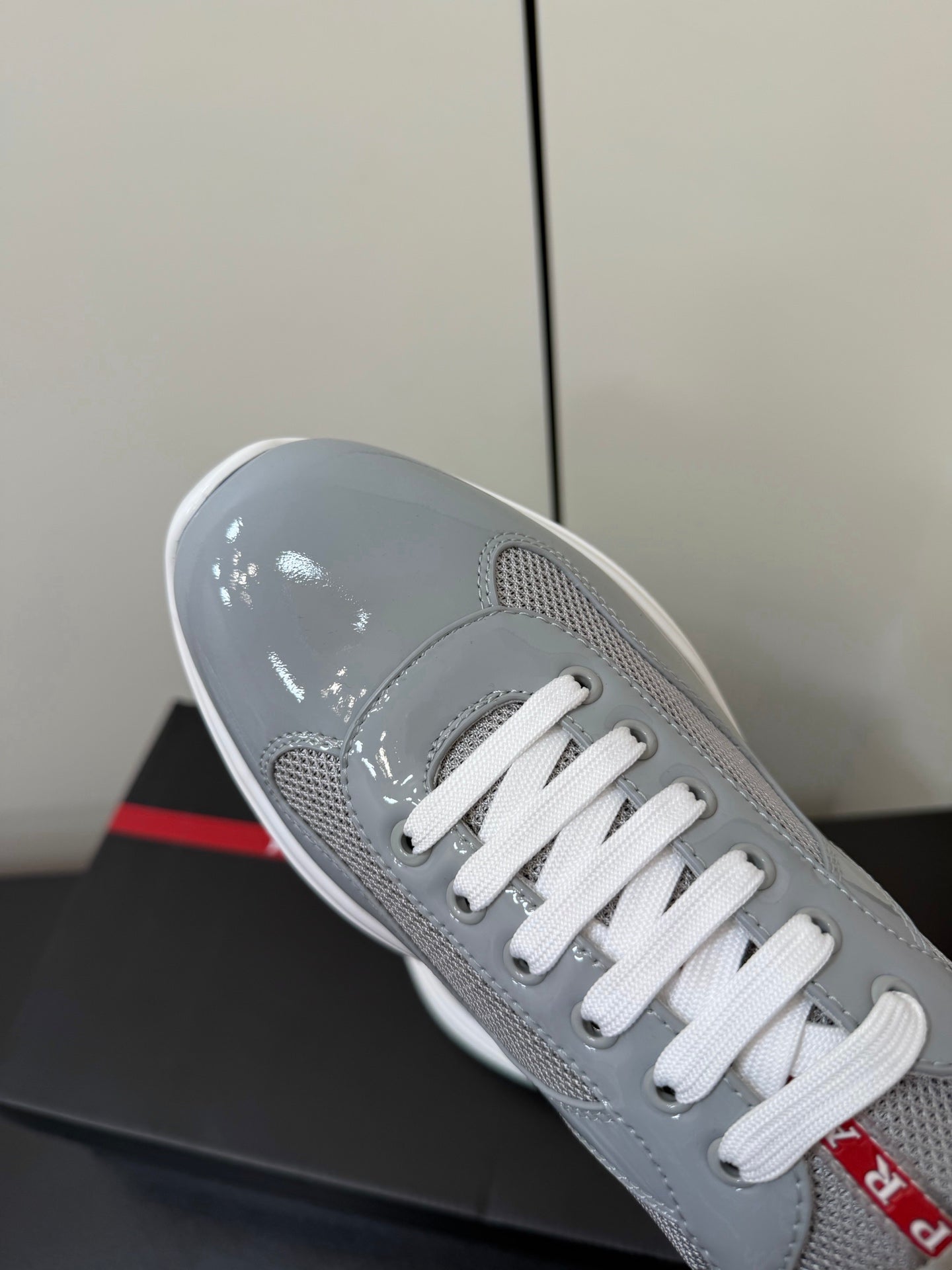 Prada America's Cup Sneaker Grey White Patent Leather Mesh 618927