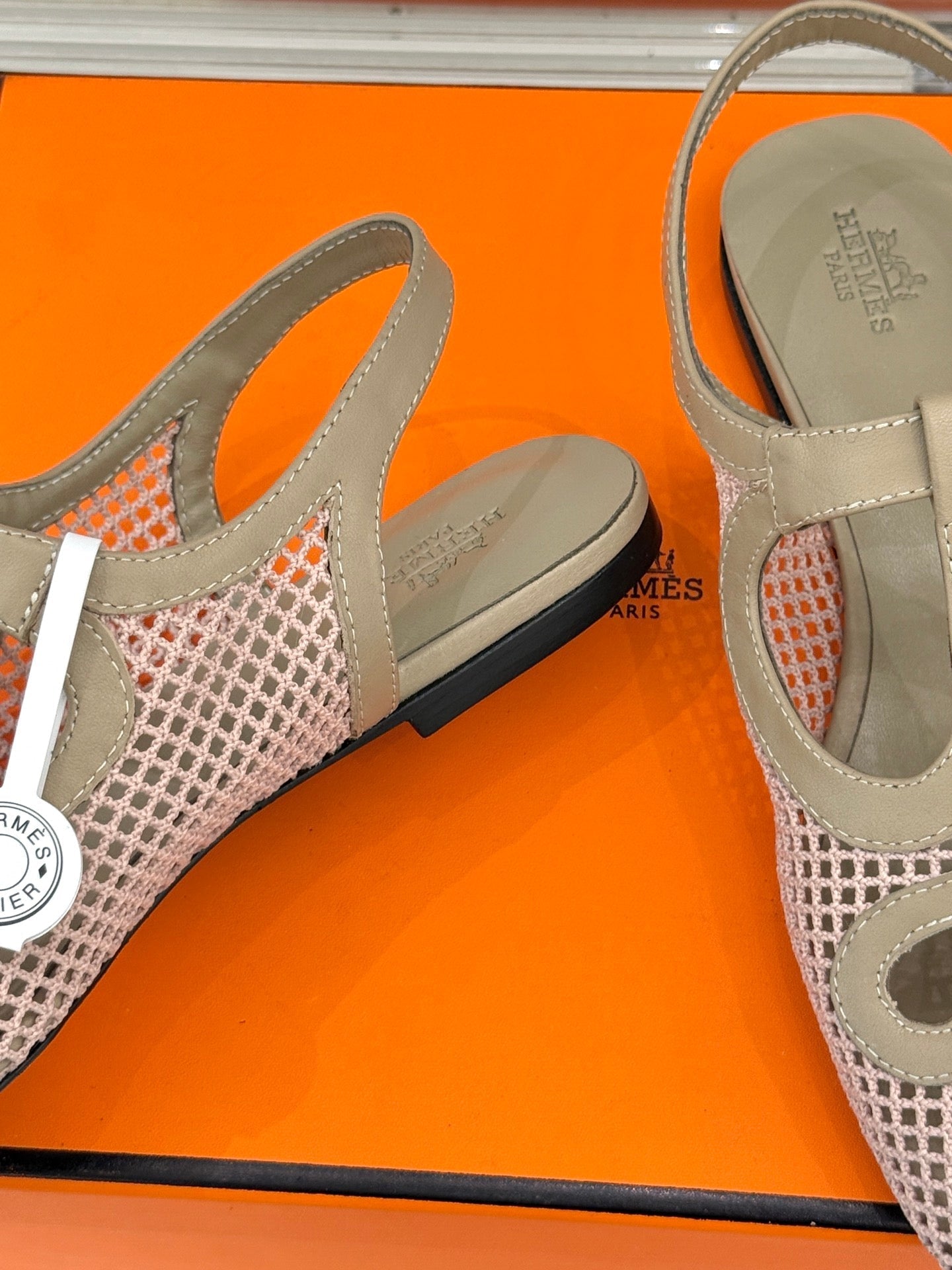 HM 25WF Flat Sandals Mesh Cutout Light Taupe Calfskin 571918