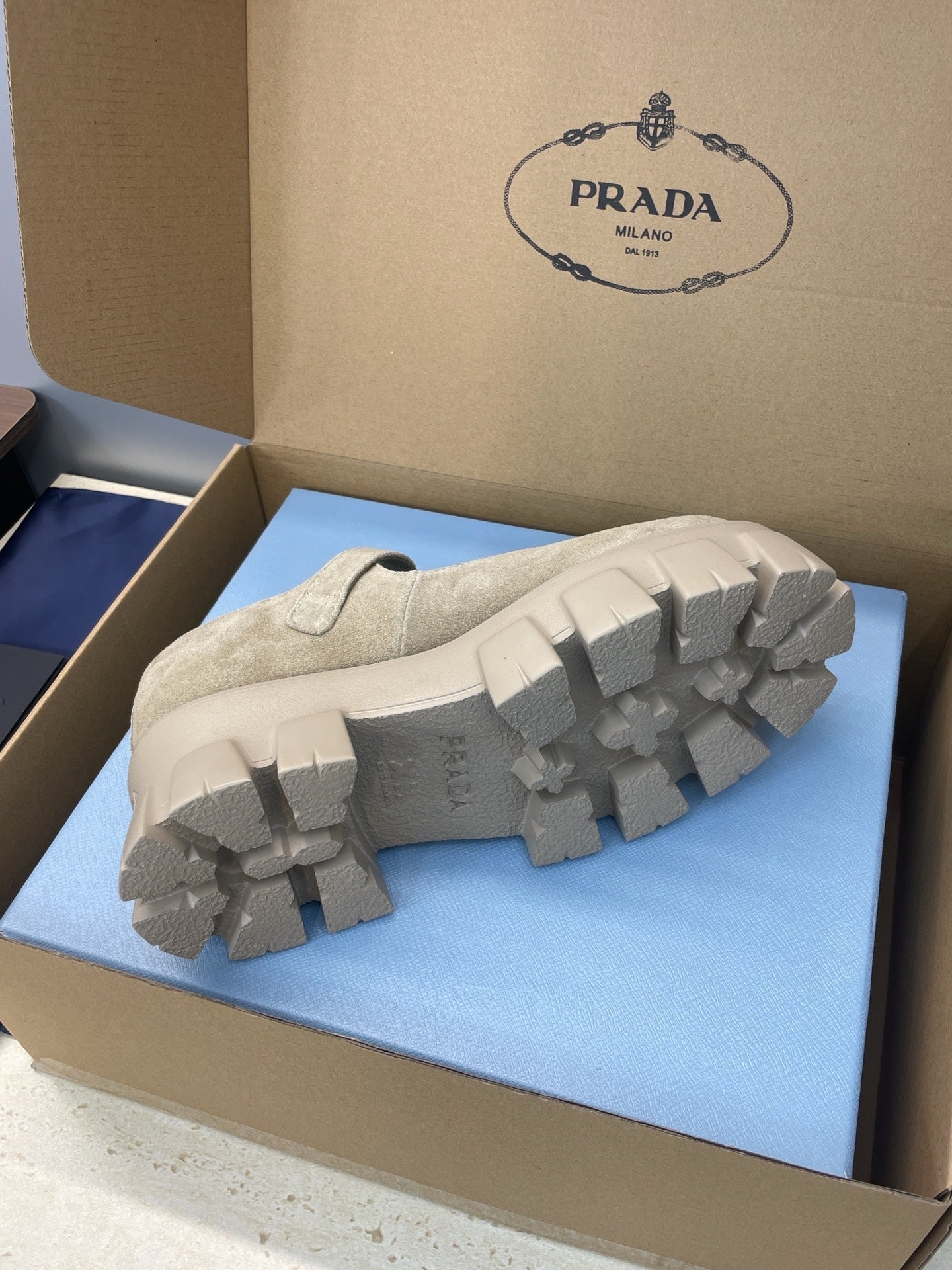 Prada Brushed Monolith Mary Janes Loafer Taupe Suede 551882