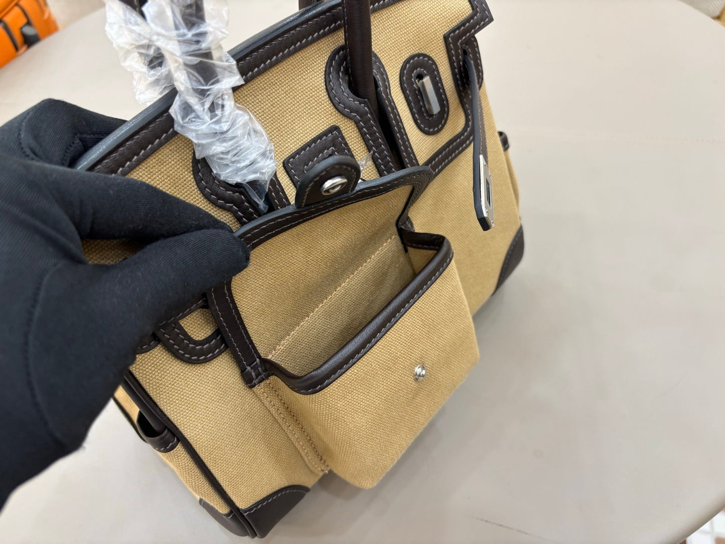 HM Birkin Cargo 25CM Handbag Black Beige Swift Canvas