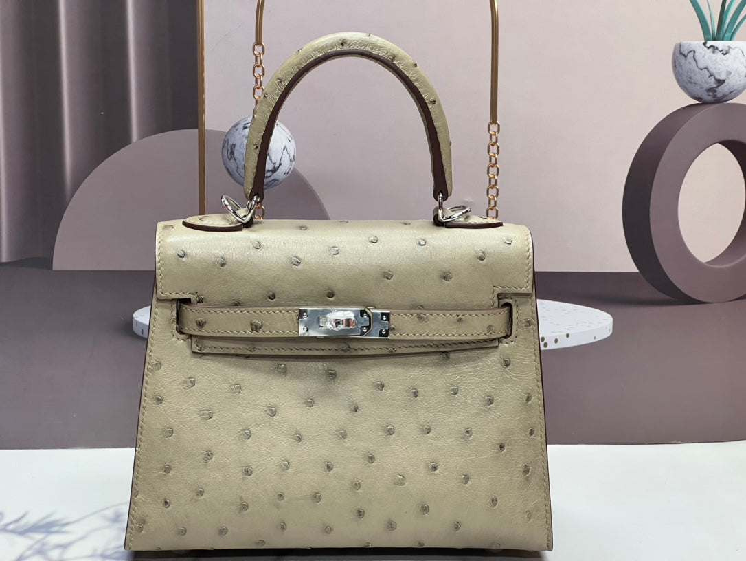 KELLY BAG 20 IN KHAKI TAN OSTRICH LEATHER WITH SILVER HARDWARE (MADE - TO - ODER)