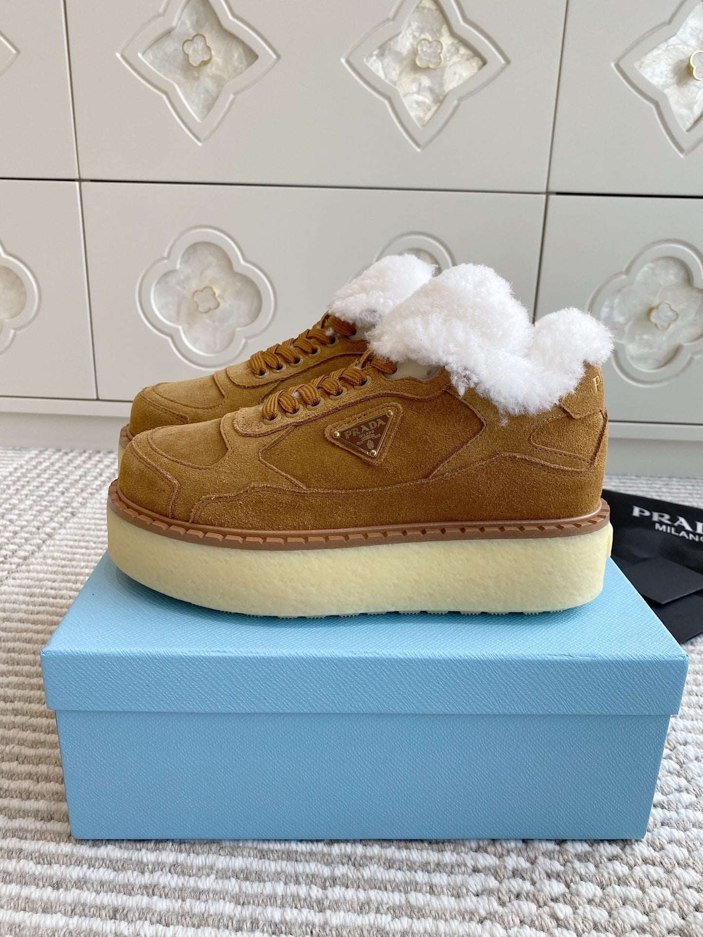 Prada Mid-Top Sneakers Brown Suede White Shearing 564156