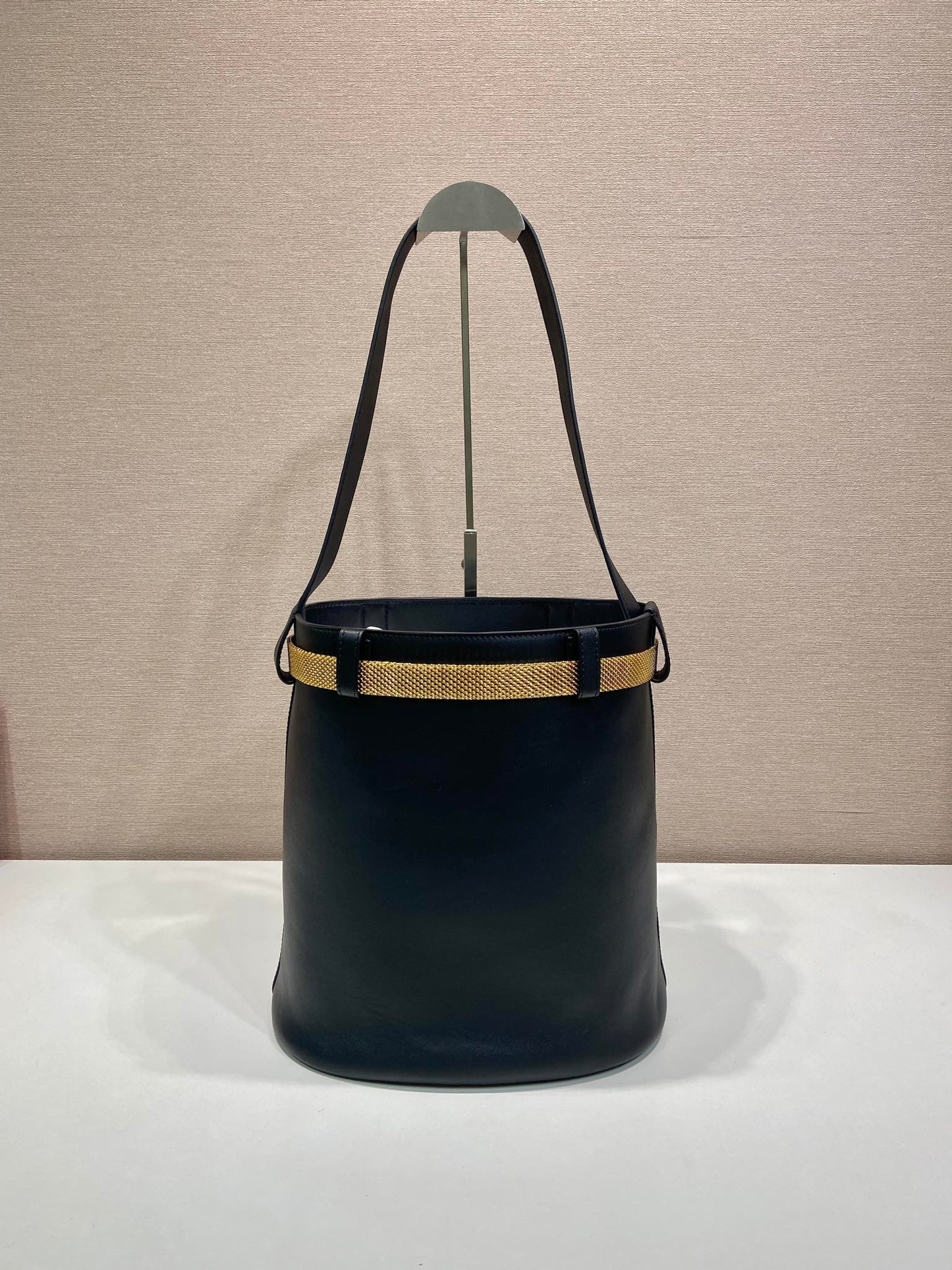 PRA bucket bag iron chain belt black leather 341179