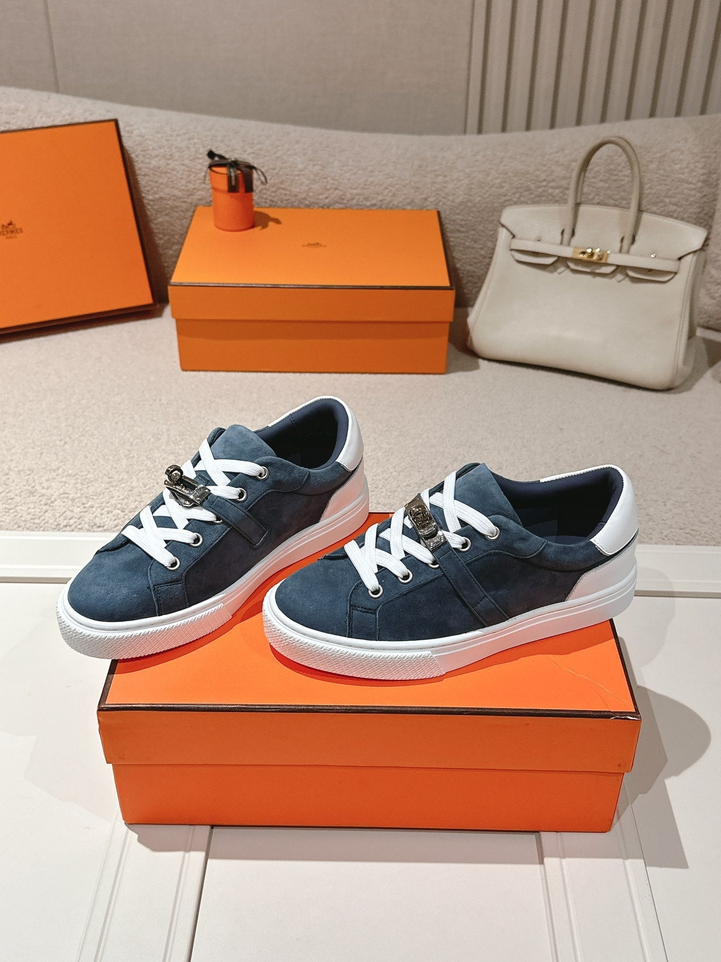 HM Day Sneakers White Dark Blue Suede Calfskin 577510