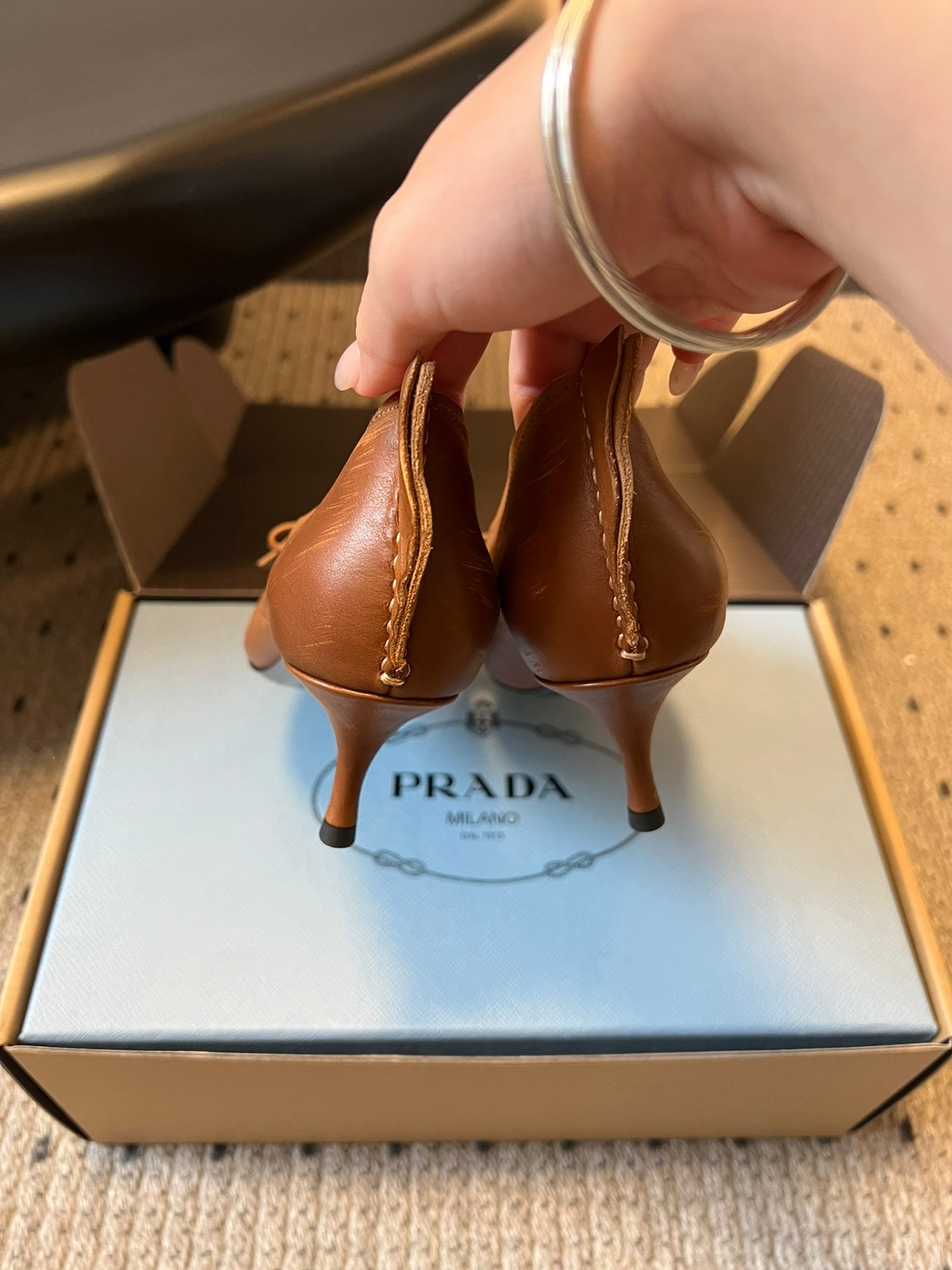Prada Antiqued Pumps 55mm Tan Calfskin 606398