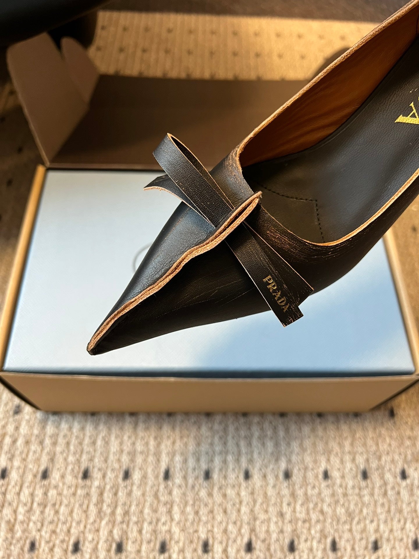 Prada Antiqued Pumps 55mm Black Tan Calfskin 606399