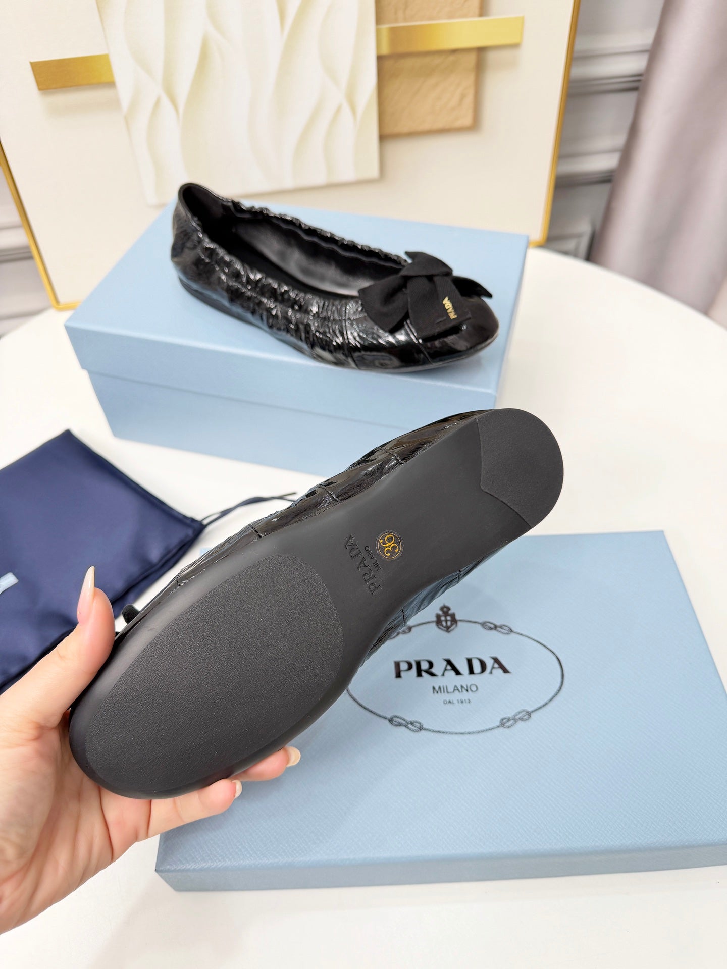 Prada 26s Bow Ballet Flats Black Glossy Leather 624083