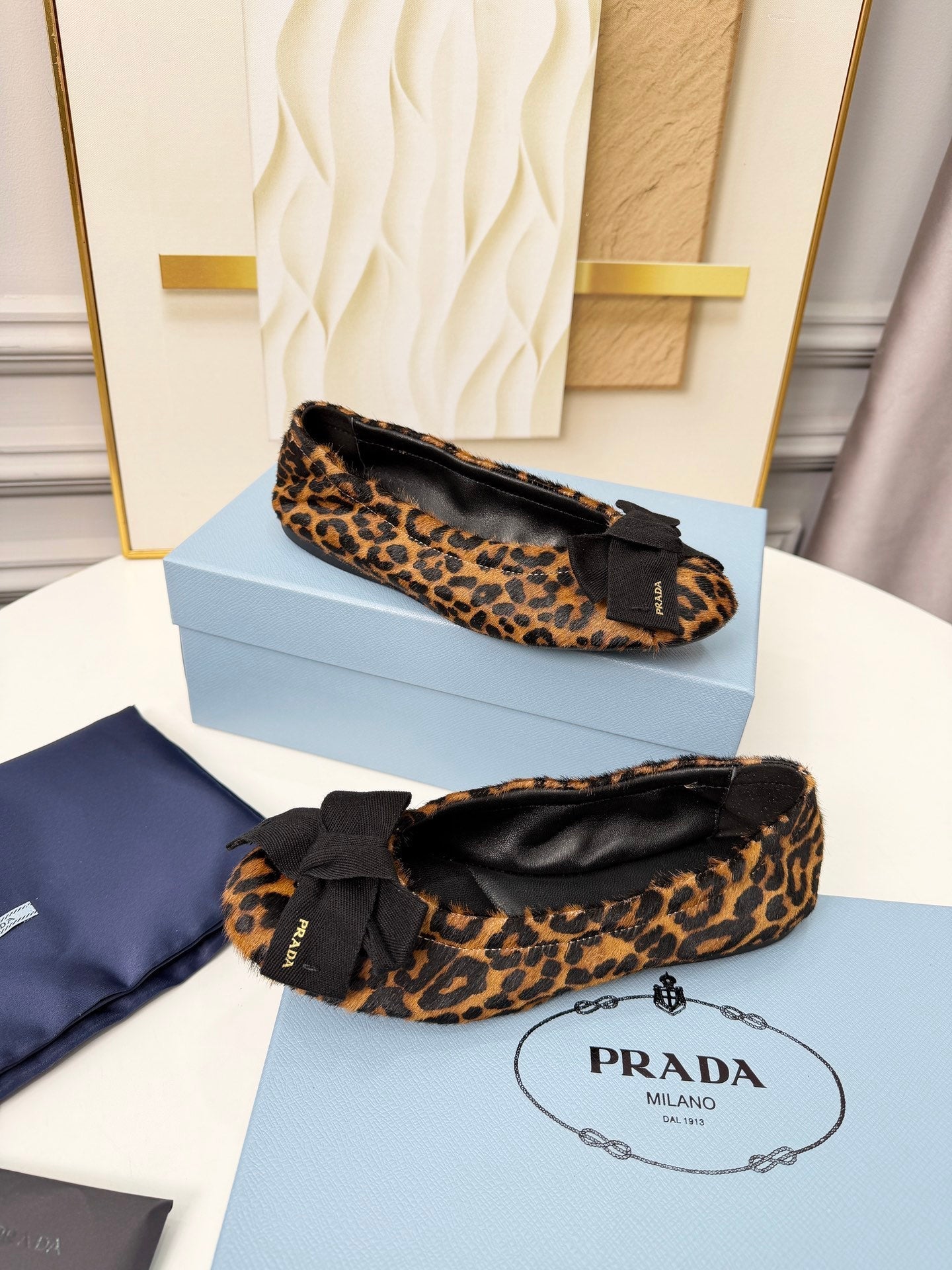 Prada 26s Bow Ballet Flats Leopard Horse Hair 624085