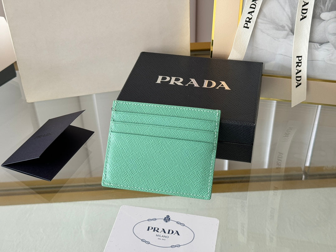Pra Gold Logo-Stamp Card Holder Mint Saffiano Leather