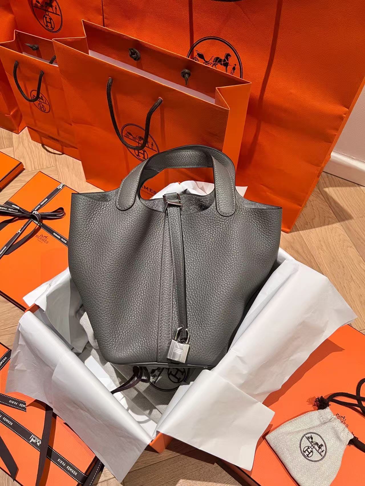 HM Picotin Lock 18 Bag Grey Cowhide