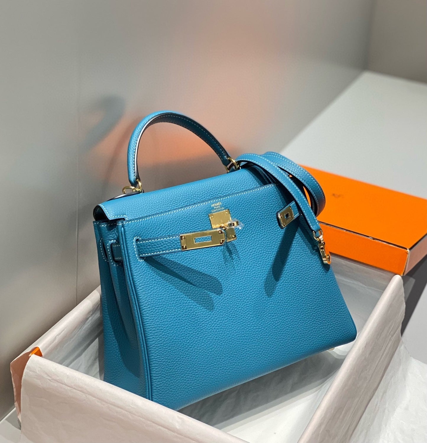 HM Mini Kelly 25cm Blue Jean Togo Leather Gold Hardware
