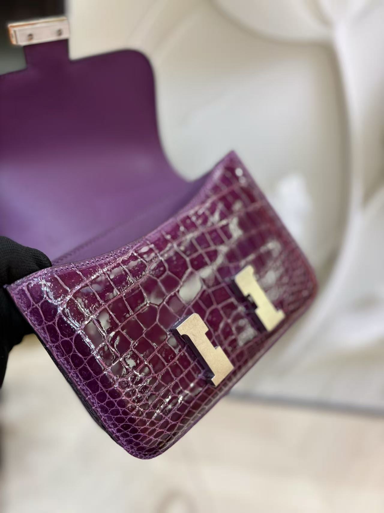HM Constance Bag 18cm Crocodile Purple Patent Leather (15 days production)