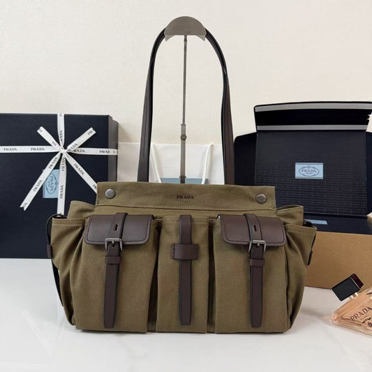Prada Route Shopping Bag Forest Green Canvas Leather