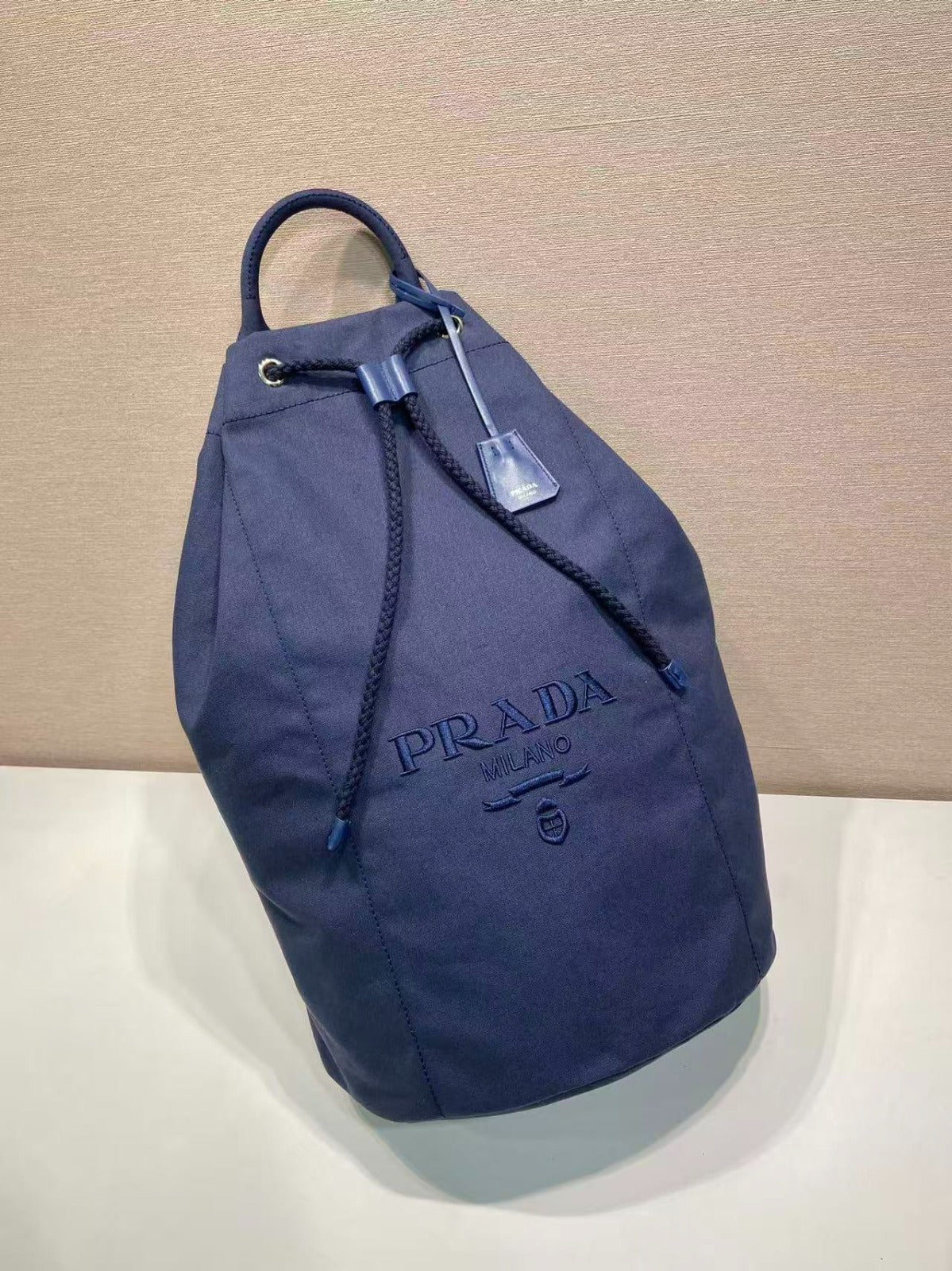Prada 25s Drawstring Backpack 55 In Navy Blue Canvas Linen