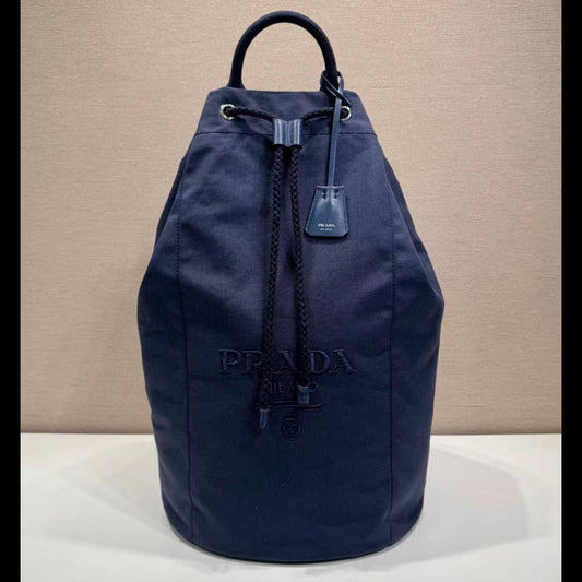 Prada 25s Drawstring Backpack 55 In Navy Blue Canvas Linen
