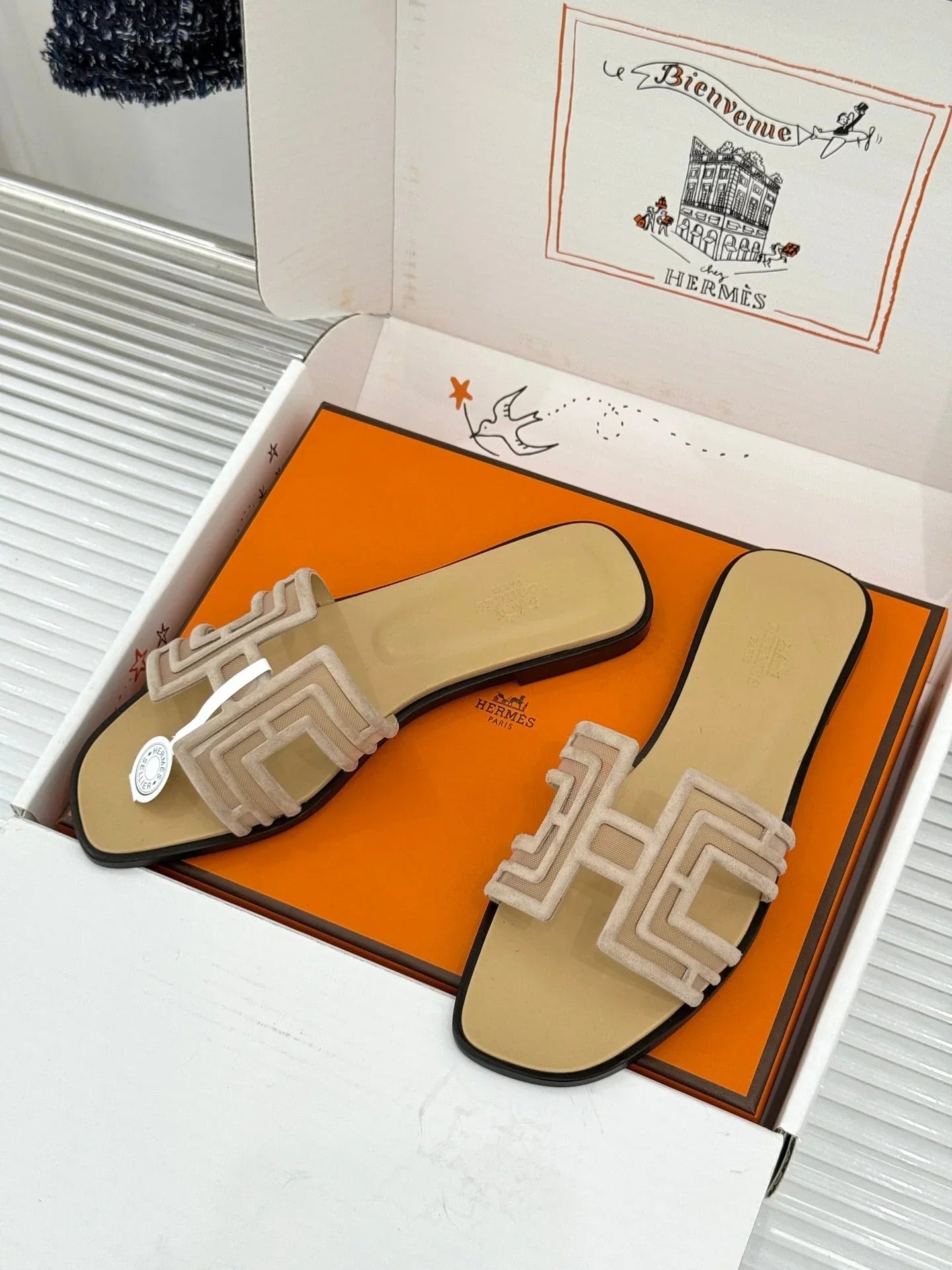 Hermes 2026 Oran Sandal Flat Suede Mesh 898415