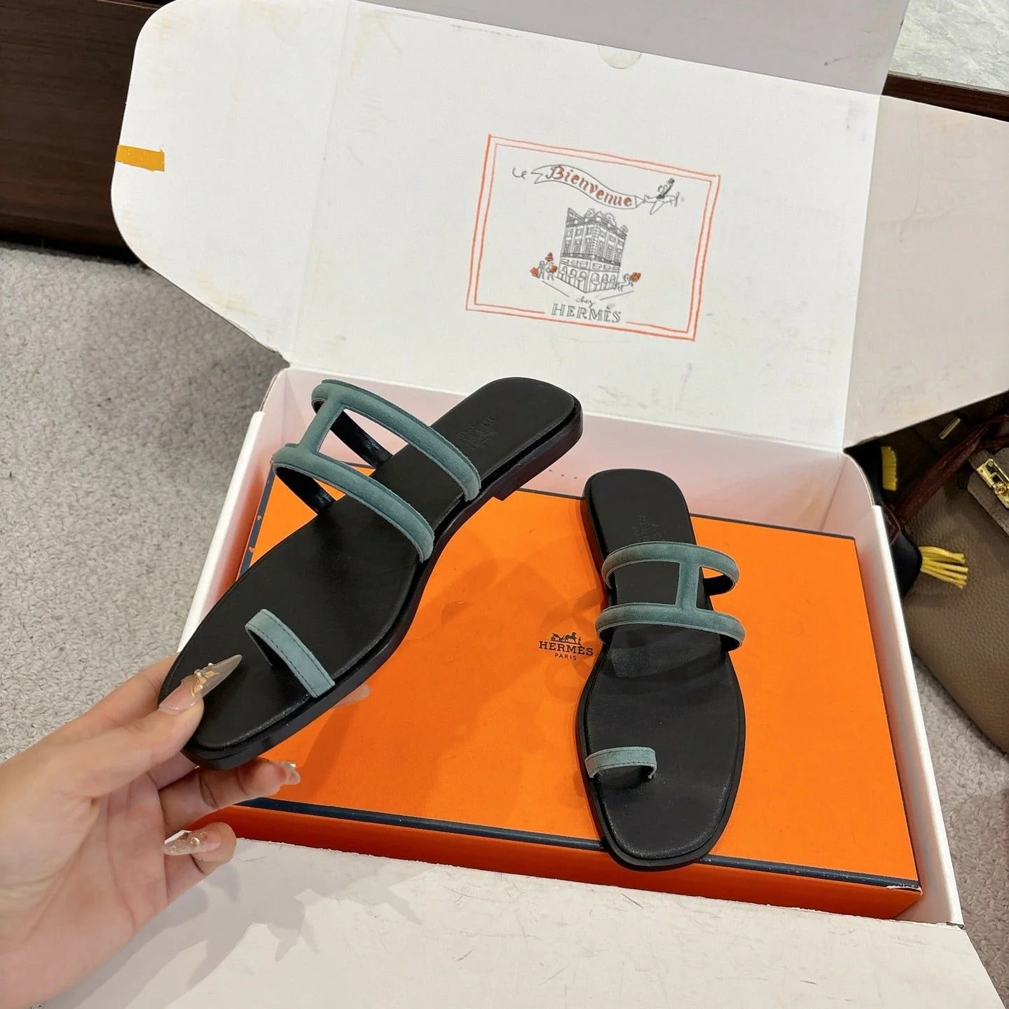 Hermes Georgia Sandals Sage Green in Suede 685982