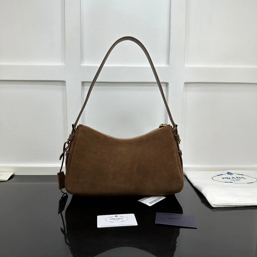 Prada 2026 Aimee Shoulder Bag Brown Suede Calfskin