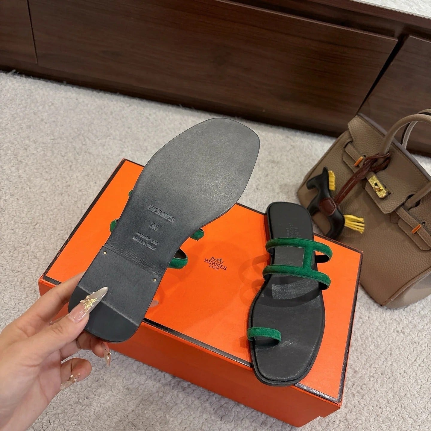 Hermes Georgia Sandals Green in Suede 685985