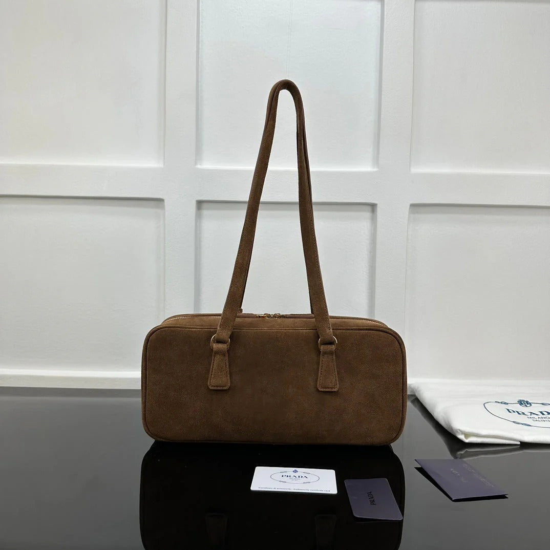 Prada 2026 Hobo Bowling Shoulder Bag 27cm Brown Suede Calfskin
