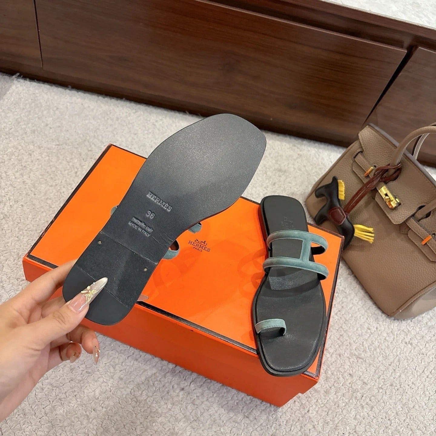Hermes Georgia Sandals Sage Green in Suede 685982