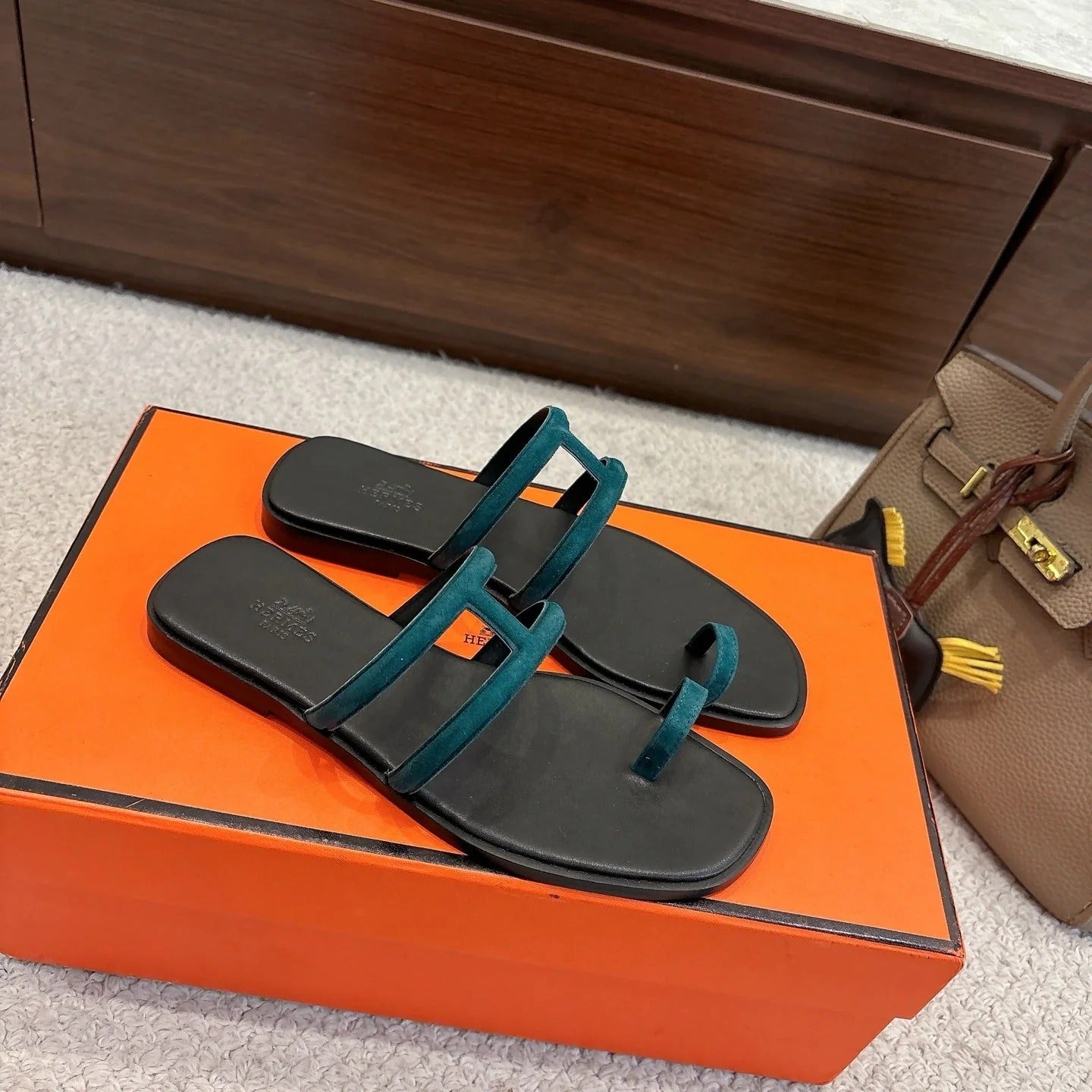 Hermes Georgia Sandals Deep Turquoise in Suede 685980