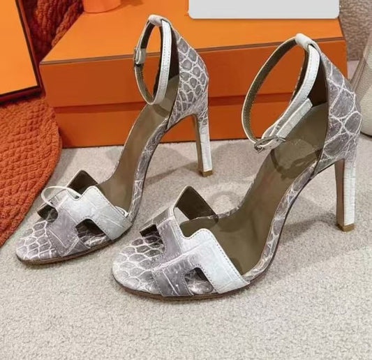 HM 2026 Premiere 105mm Crocodile Embossed Sandals White Grey Leather