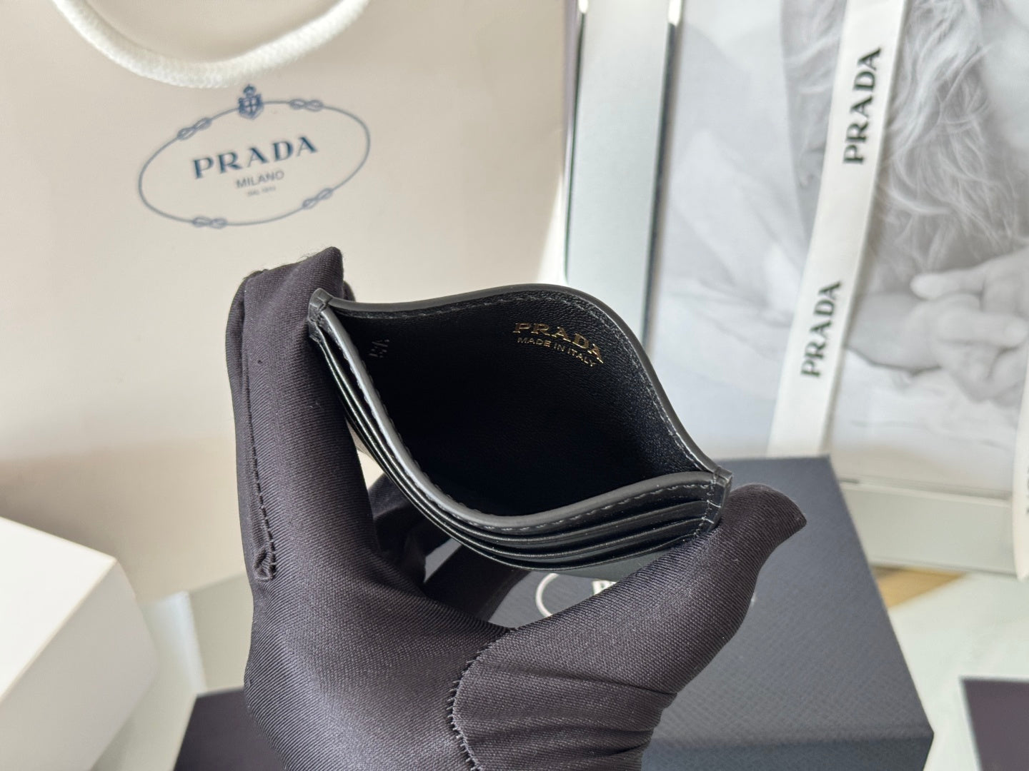 Pra Gold Logo-Stamp Card Holder Black Saffiano Leather