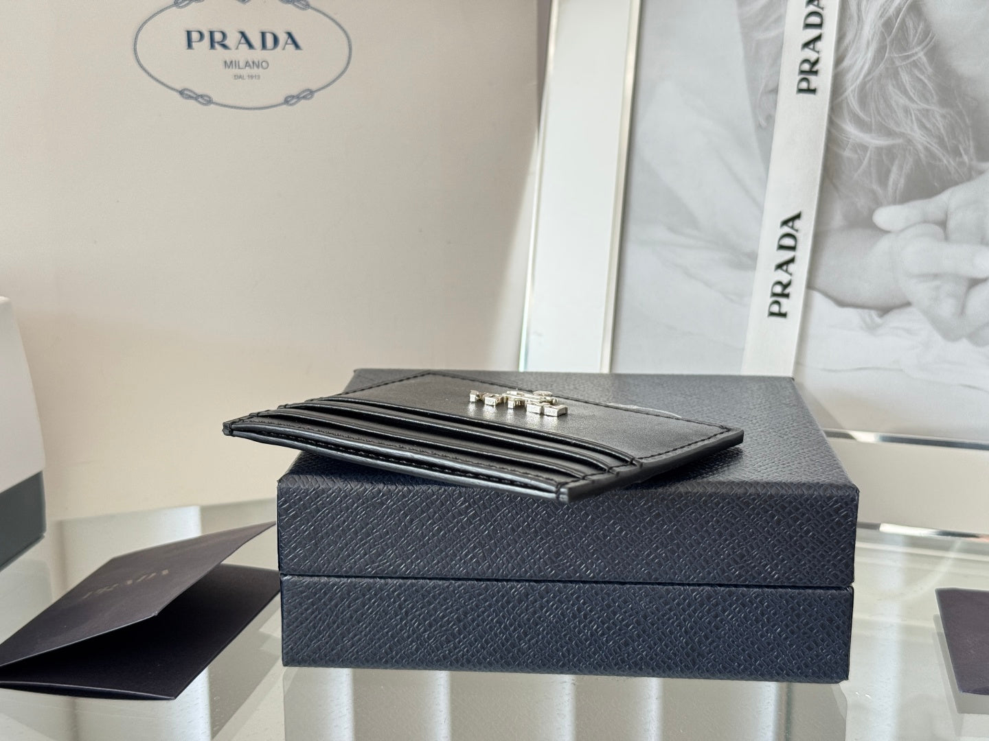 Pra Metal Logo-Stamp Card Holder Black Saffiano Leather