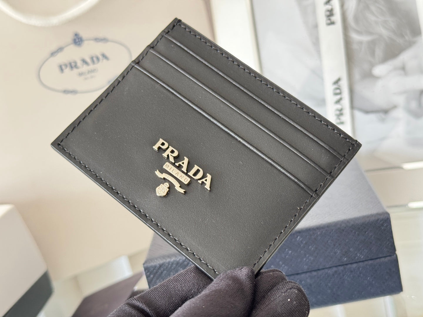 Pra Metal Logo-Stamp Card Holder Black Saffiano Leather