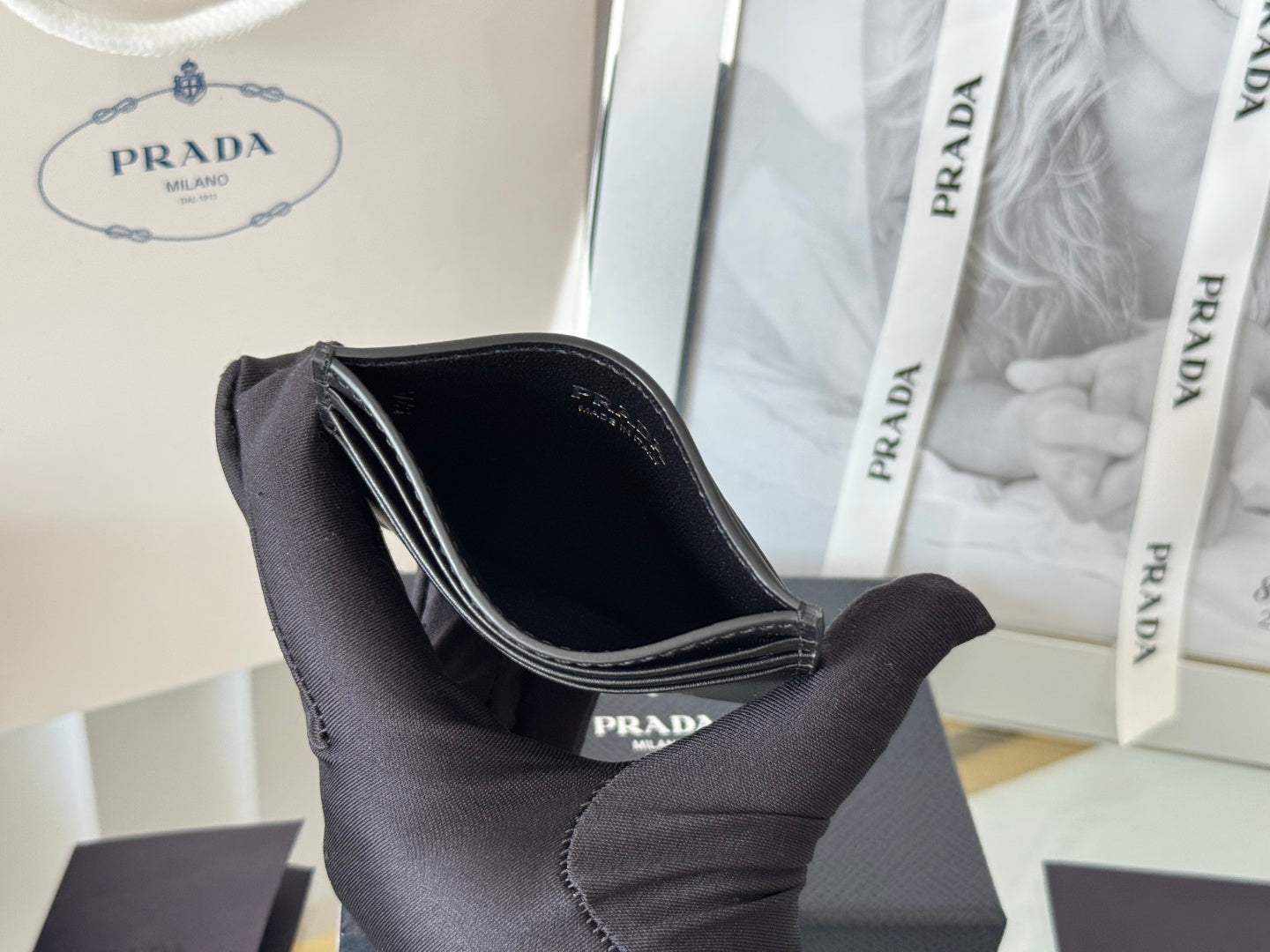 Pra Metal Logo-Stamp Card Holder Black Saffiano Leather