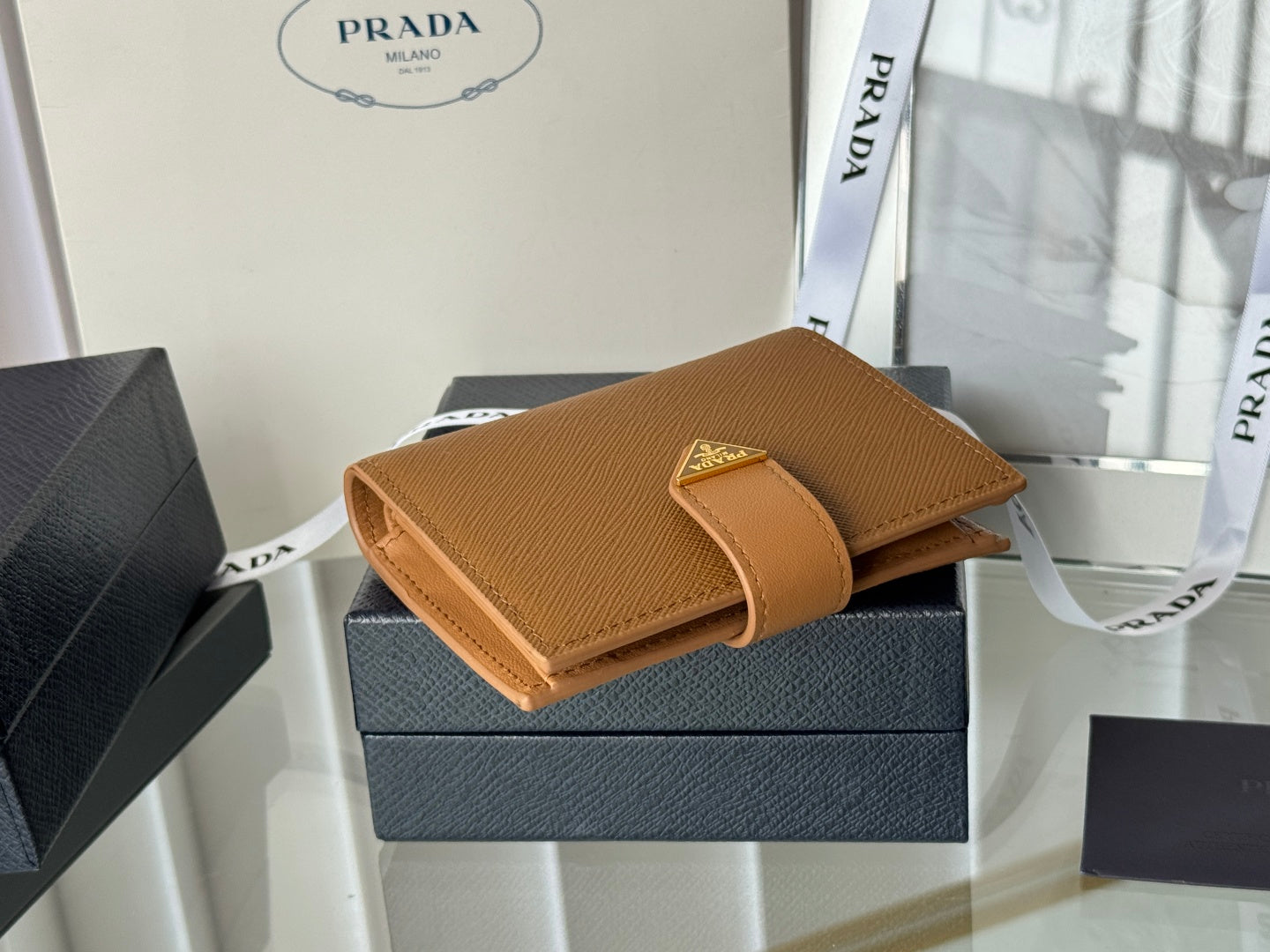 Pra 1MV204 Small Wallet Brown Saffiano & Smooth Leather