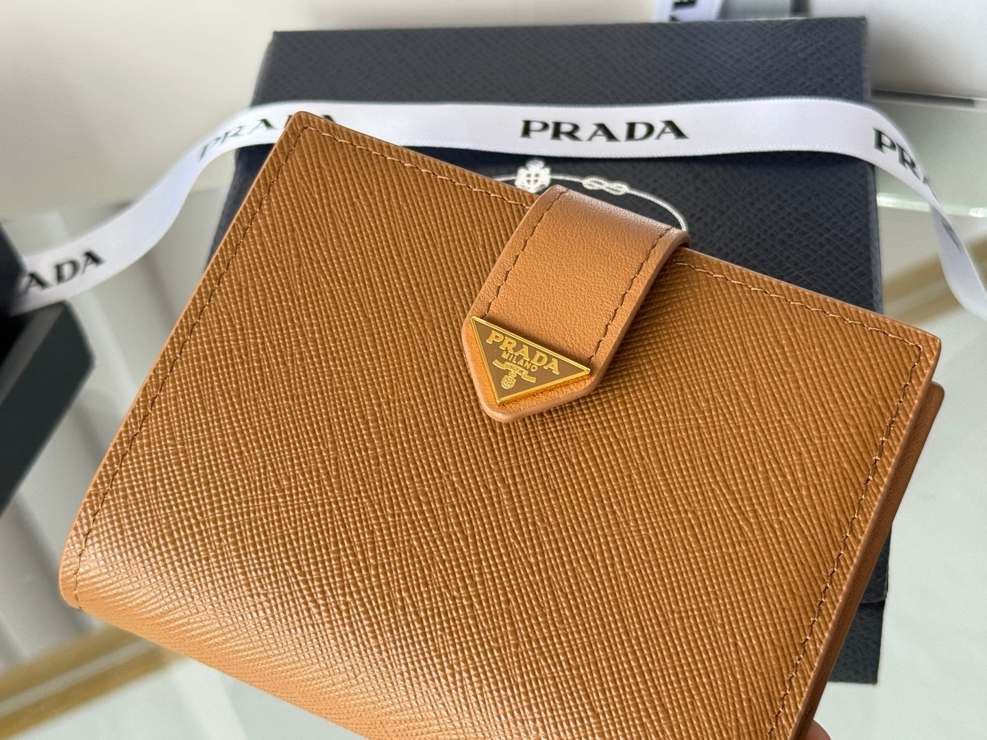 Pra 1MV204 Small Wallet Brown Saffiano & Smooth Leather