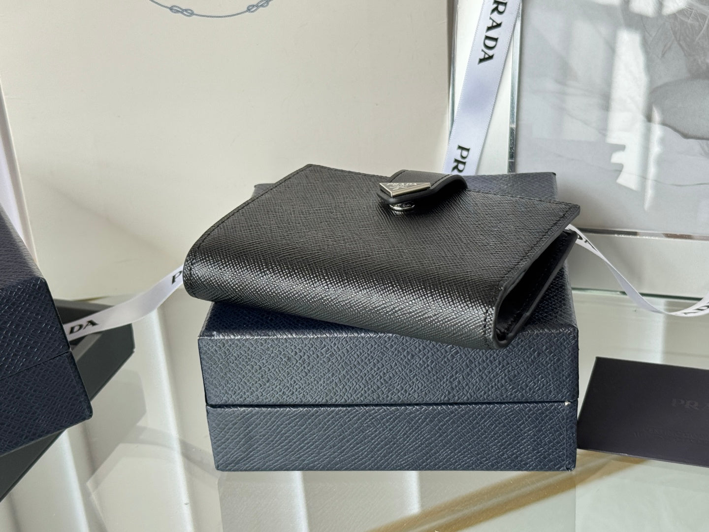 Pra 1MV204 Small Wallet Black Silver Tone Saffiano & Smooth Leather
