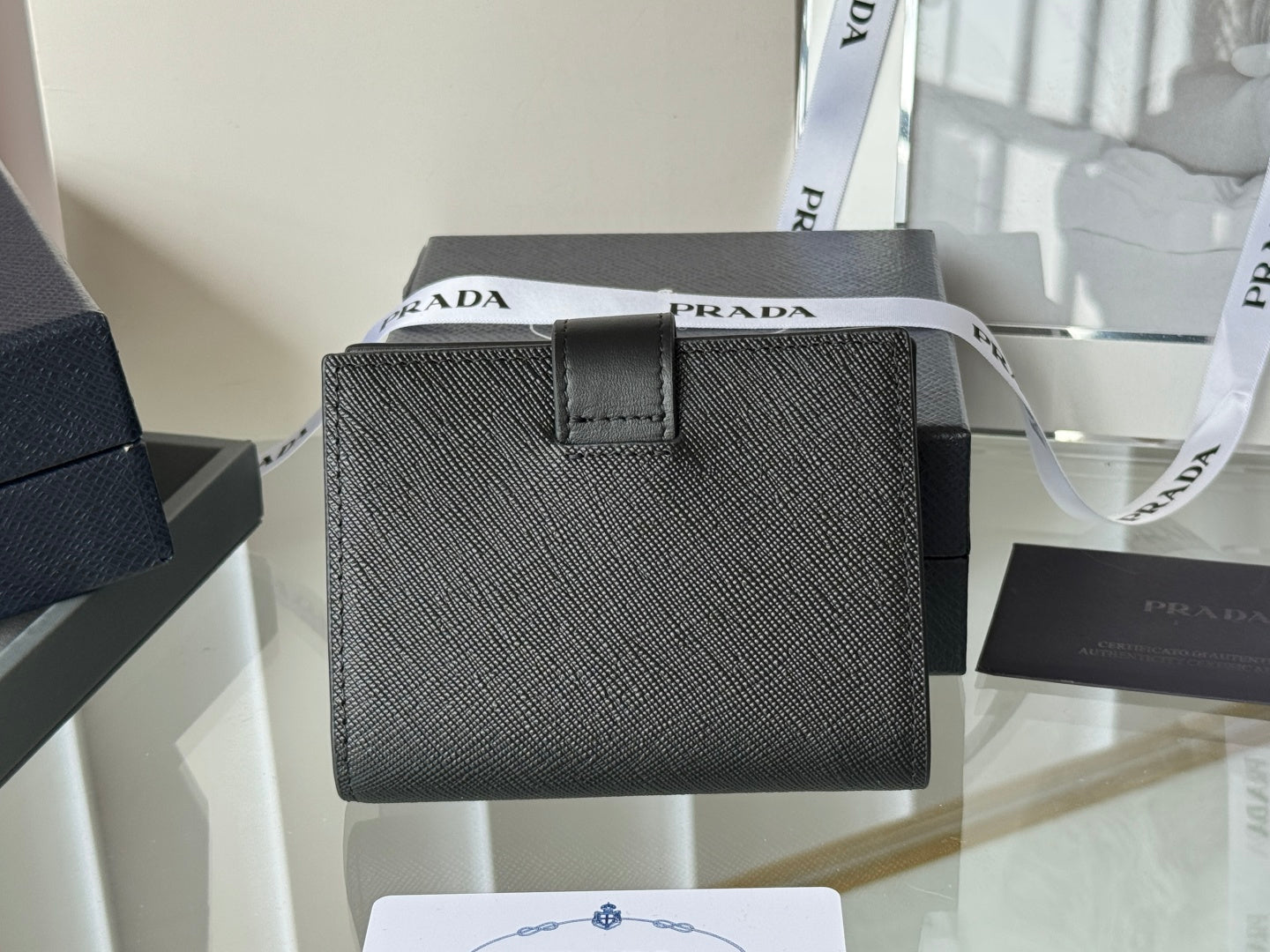 Pra 1MV204 Small Wallet Black Gold Tone Saffiano & Smooth Leather