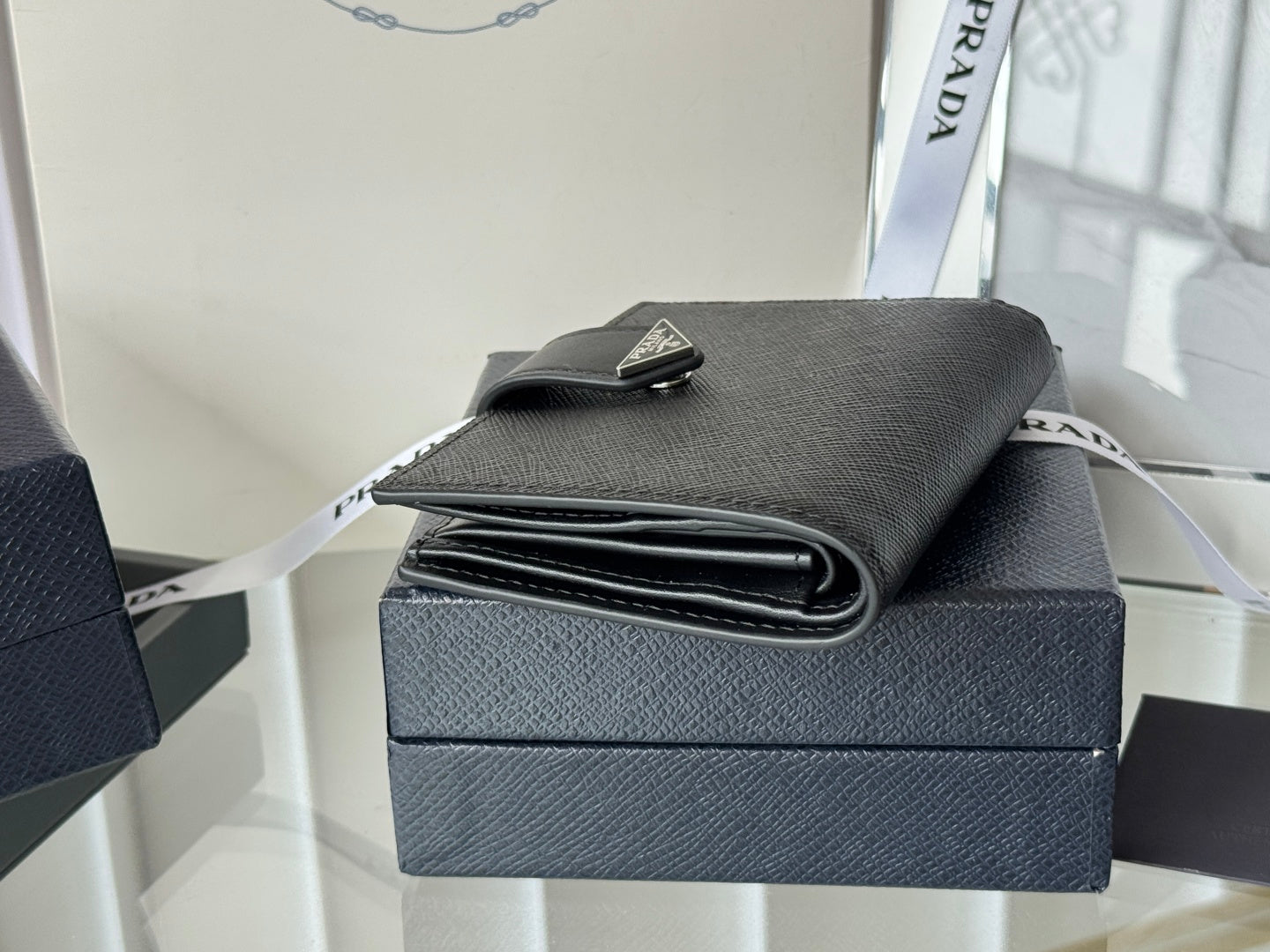 Pra 1MV204 Small Wallet Black Silver Tone Saffiano & Smooth Leather