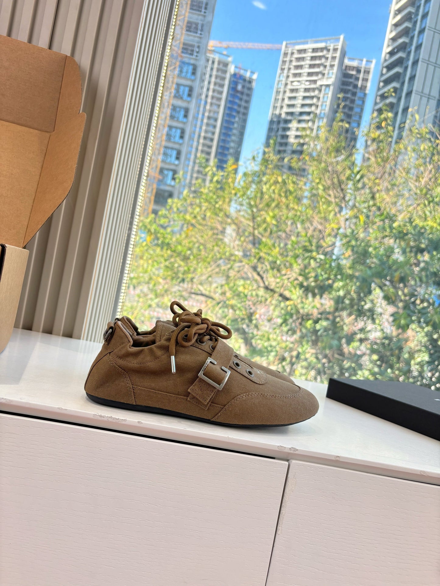 Prada Sneakers with Buckle and Strap Taupe Collapse Canvas 604166