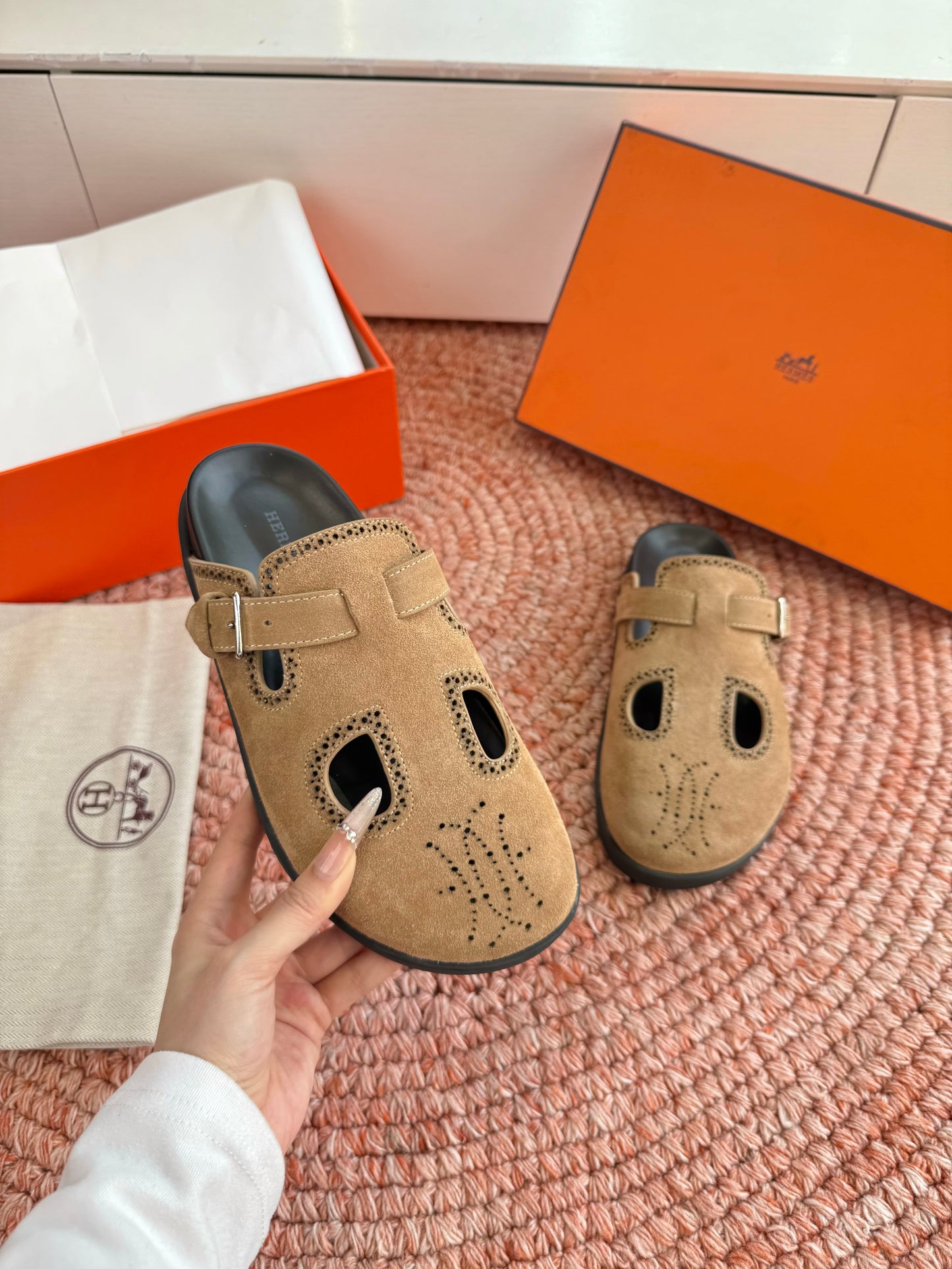 HM Monk Mules Light Brown Suede Leather 648495