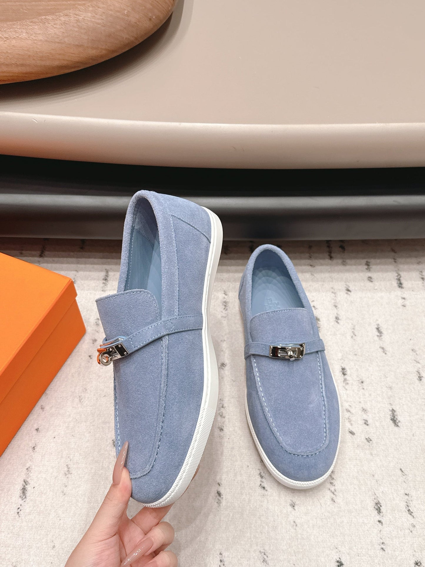 HM 26s Kelly Paris Loafers Light Blue Suede Silver Hardware